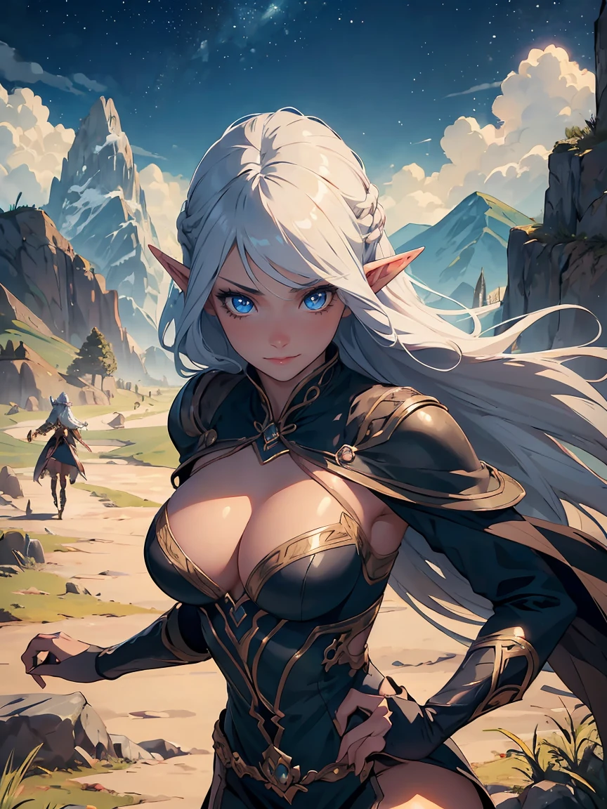 masterpiece, high quality, 1_woman, ((upper body)), ((dynamic poses)), standing, (exotic skin_complexion:1.4), mature, cleavage, (looking at the viewer), (blushing, smiling, closed mouth), tall, beautiful, exotic, with long elf ears, long hair, silver hair, detailed face, having diamond shaped eyes, blue eyes, (dark_eyeliner), long_eyelashes medium_bust, fantasy clothes, elven clothes, chest window, black thigh highs with embroidery, dynamic lighting casts detailed shadows, mountains in distance, walking path, grassy field, night sky, stars, 