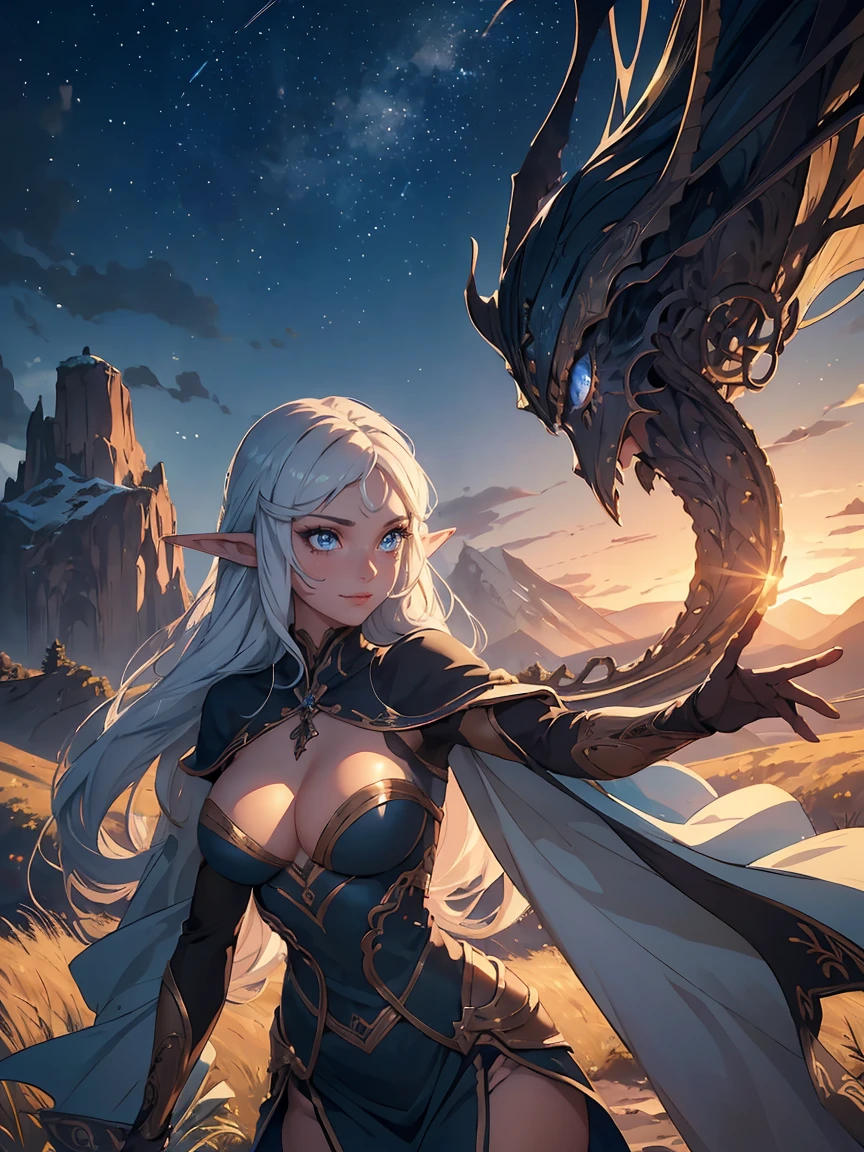 masterpiece, high quality, 1_woman, ((upper body)), ((dynamic poses)), standing, (exotic skin_complexion:1.4), mature, cleavage, (looking at the viewer), (blushing, smiling, closed mouth), tall, beautiful, exotic, with long elf ears, long hair, silver hair, detailed face, having diamond shaped eyes, blue eyes, (dark_eyeliner), long_eyelashes medium_bust, fantasy clothes, elven clothes, chest window, black thigh highs with embroidery, dynamic lighting casts detailed shadows, mountains in distance, walking path, grassy field, night sky, stars, 
