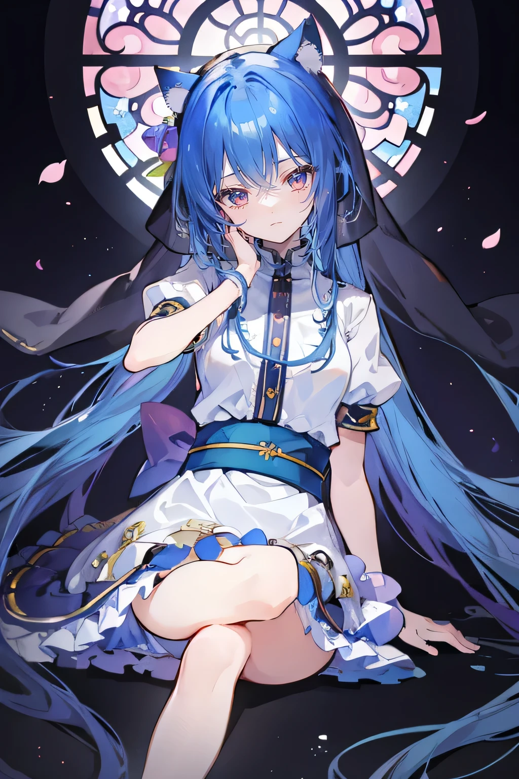 (masterpiece:1.2),Extremely detailed,Practical,expressive eyes,Fair skin,Perfect face shaping,1 Girl,
Japanese cartoons,Gorgeous blue hair, the long flowing blue hair,Floating clothes,Cat ears,Petals fall,beautiful lola,Young Angel,
Place your hands on your waist,sit elegantly on the ground,Cross your legs,Gentle and peaceful background,church,nun.