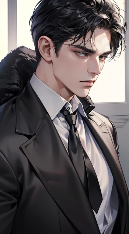 (best quality, masterpiece, 8K, photorealistic, cinematic lighting, 1:4 hdr image, ultra detailed, beautiful image), a mature man, very handsome, ((cold expression)), short black hair, black eyes, face perfect without mistakes, ((buttoning his jacket, CEO))