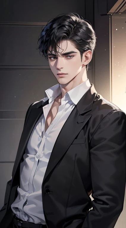 (best quality, masterpiece, 8K, photorealistic, cinematic lighting, 1:4 hdr image, ultra detailed, beautiful image), a mature man, very handsome, ((cold expression)), short black hair, black eyes, face perfect without mistakes, ((buttoning his jacket, CEO))