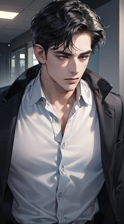 (best quality, masterpiece, 8K, photorealistic, cinematic lighting, 1:4 hdr image, ultra detailed, beautiful image), a mature man, very handsome, ((cold expression)), short black hair, black eyes, face perfect without mistakes, ((buttoning his jacket, CEO))