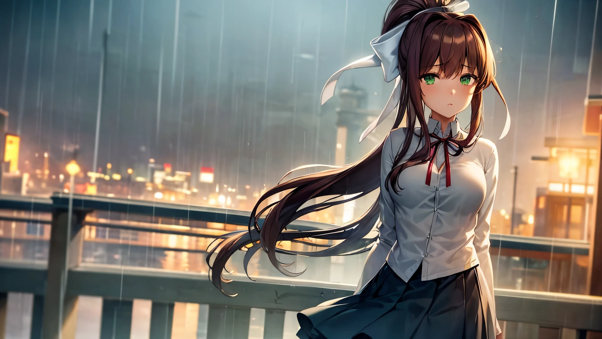 (masterpiece, best quality), CG art, cinematic shot, depressive atmosphere, rain, 1girl, adult girl, monika, green eyes, brown hair, very long hair, ponytail, hair ribbon, medium breasts, deep eyes, white ribbon, green blouse, dark blue skirt, upset face, coffee cabinet, japan street