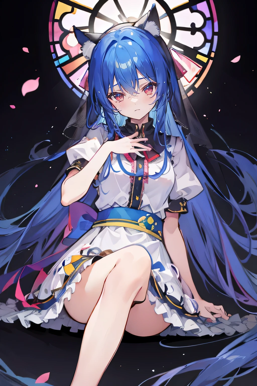 (masterpiece:1.2),Extremely detailed,Practical,expressive eyes,Fair skin,Perfect face shaping,1 Girl,
Japanese cartoons,Gorgeous blue hair, the long flowing blue hair,Floating clothes,Cat ears,Petals fall,beautiful lola,Angel,
Place your hands on your waist,sit elegantly on the ground,Cross your legs,Gentle and peaceful background,stately church,nun。