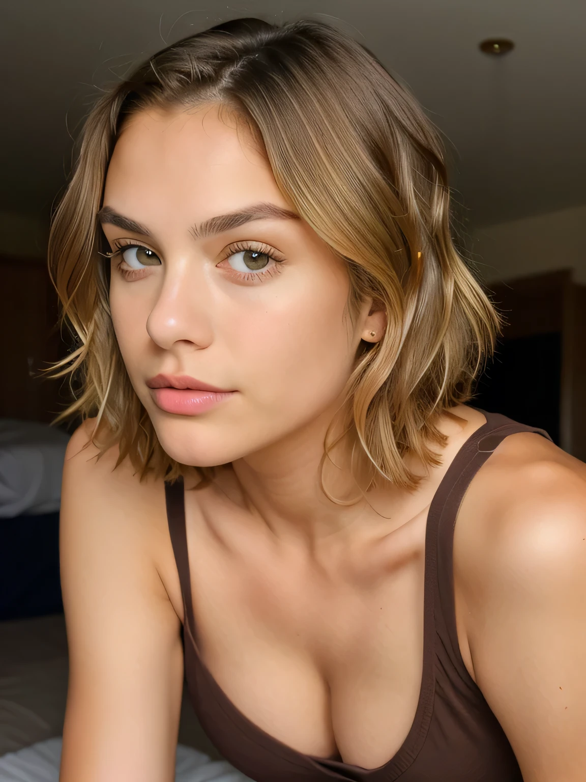 blonde girl, beautiful face, big brown eyes, short wavy hair, supermodel face, sad face, thin nose, thin eyebrows, thin face, athletic body, busty cleavage, doing handstand