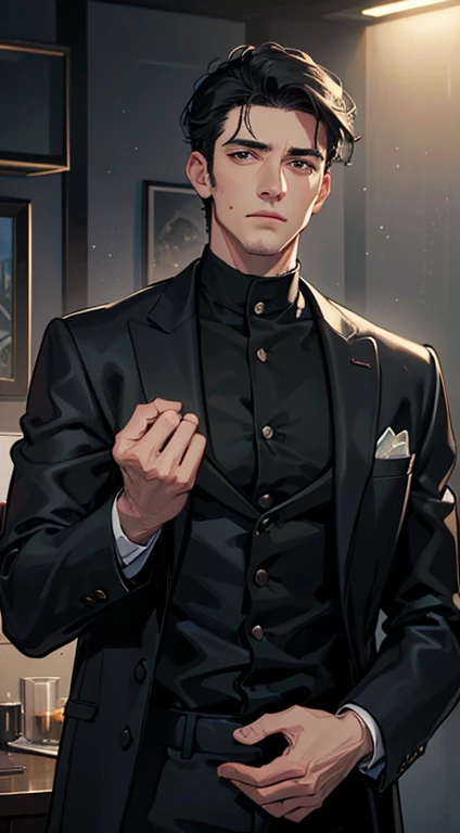 (best quality, masterpiece, 8K, photorealistic, cinematic lighting, 1:4 hdr image, ultra detailed, beautiful image), a mature man, very handsome, ((cold expression)), short black hair, black eyes, face perfect without mistakes, ((buttoning his jacket, CEO))