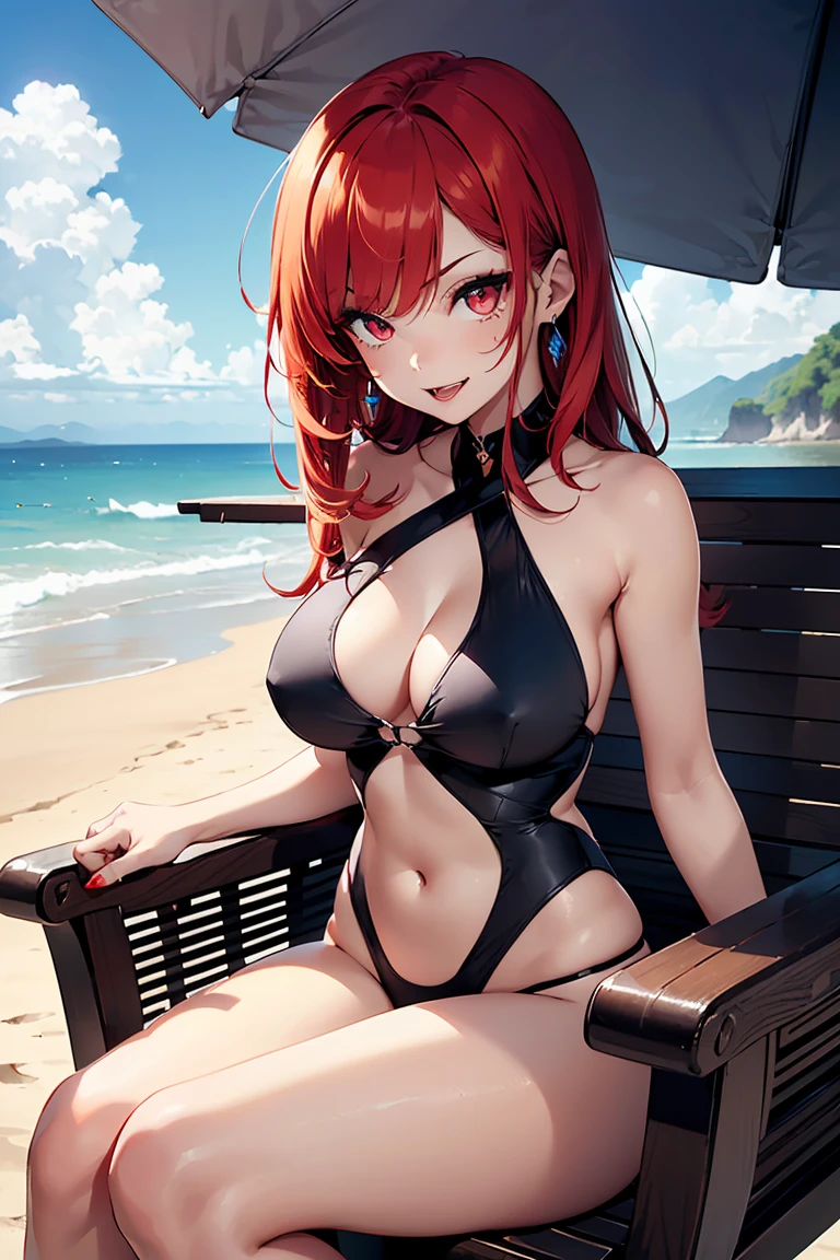 ((1 girl)), (((vampire))),Crossing your legs,Sit in a leisure chair,  Black gothic swimsuit, Navel exposed, Bad Smile, Looking down, Open your mouth, tooth, Lively expressions, White skin, Parasol,Beach, Midsummer, Bright sunlight ,((Very detailed,highest quality, High resolution, 8k wallpaper, Beautiful clothes,)),(Very bright red hair, Shoulder-length hair, boyish,Bouncy hair, ((Asymmetrical bangs)) ,(Bright red eyes),eye shadow, eyeliner,Glow Eye, Very detailedな目, Complex eyes, Beautiful Eyes, Shining bright eyes、14-year-old girl