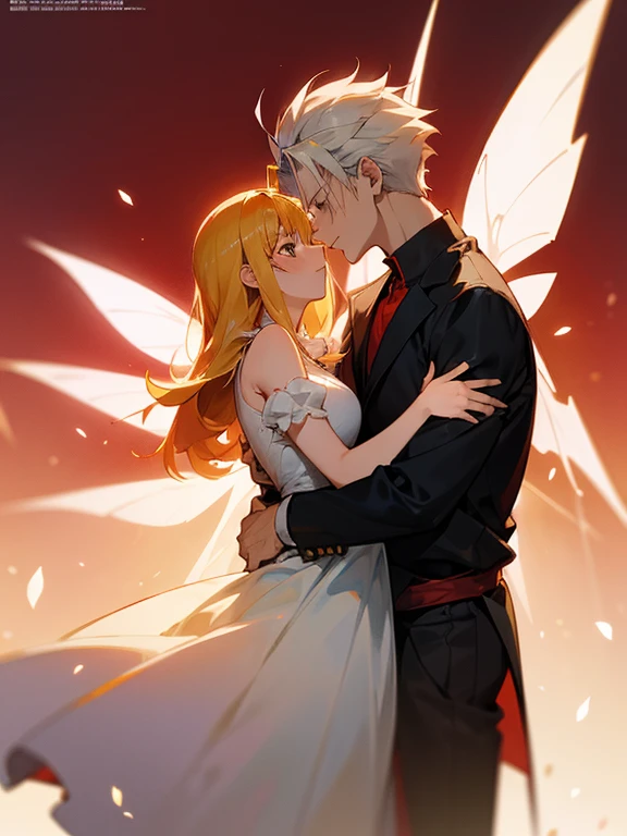 anime couple hugging each other in a hug, high quality fanart, high quality anime art, seven deadly sins anime, looking like annie leonhart, annie leonhart, high quality anime artstyle, key anime art, anime poster, fate stay night, trigger anime artstyle, trending anime art, anime arts, vergil, puce and vermillion, remove watermark, girl in white dress with fairy wings, , ban in red dress and elaine in white dress undead ban and fairy elaine from seven deadly sins anime, yellow hair girl