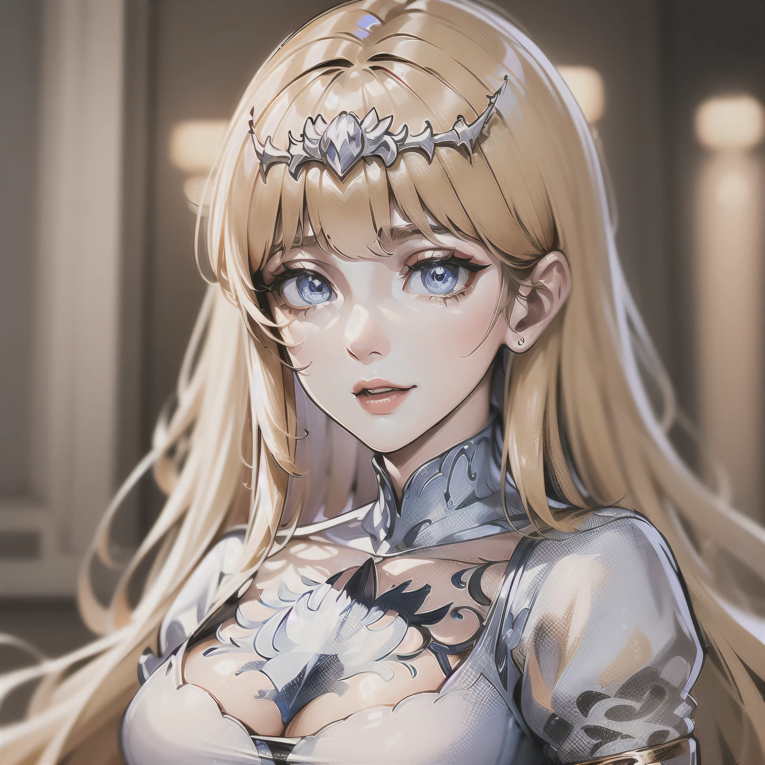 Young girl, l serious look, masterpiece, high quality,solo, Calca, Calca Bessarez, blonde hair, extremely long hair, very long hair, white tiara, silver tiara, white dress, blue eyes, medium chest, long straight hair