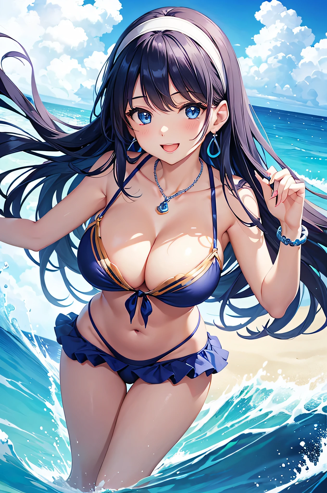 highest quality、highest quality、masterpiece、beautiful girl、Navy blue long hair、blue eyes、Navy Blue Bikini、Big cleavage、(Big Breasts),smile、blue necklace、Blue Earrings、background(Beach)、Dynamic pose、Please open your mouth wide、White headband、bracelet、Dynamic Angle