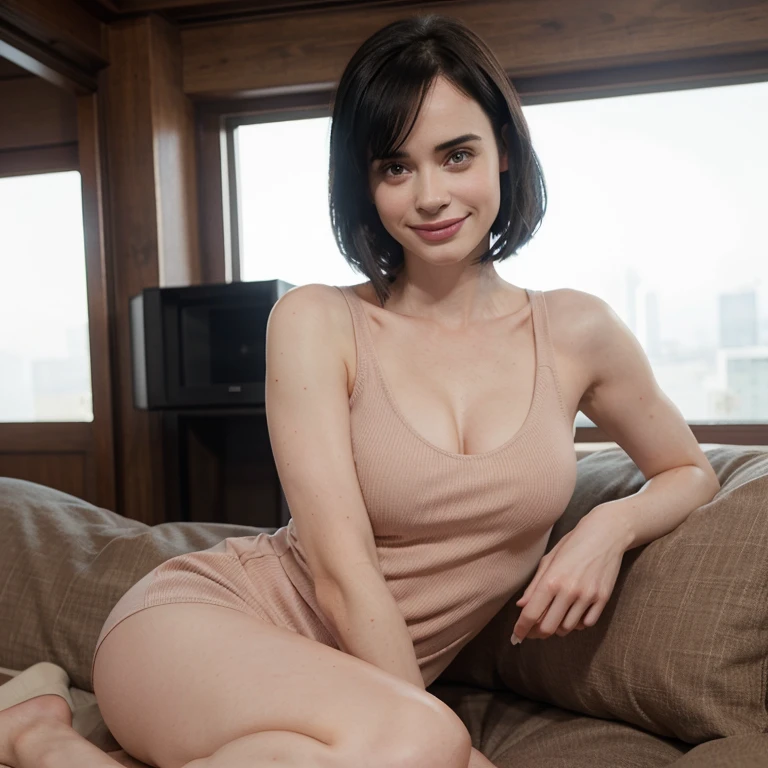 Krysten Ritter wearing a tight, low-cut short dress and smiling