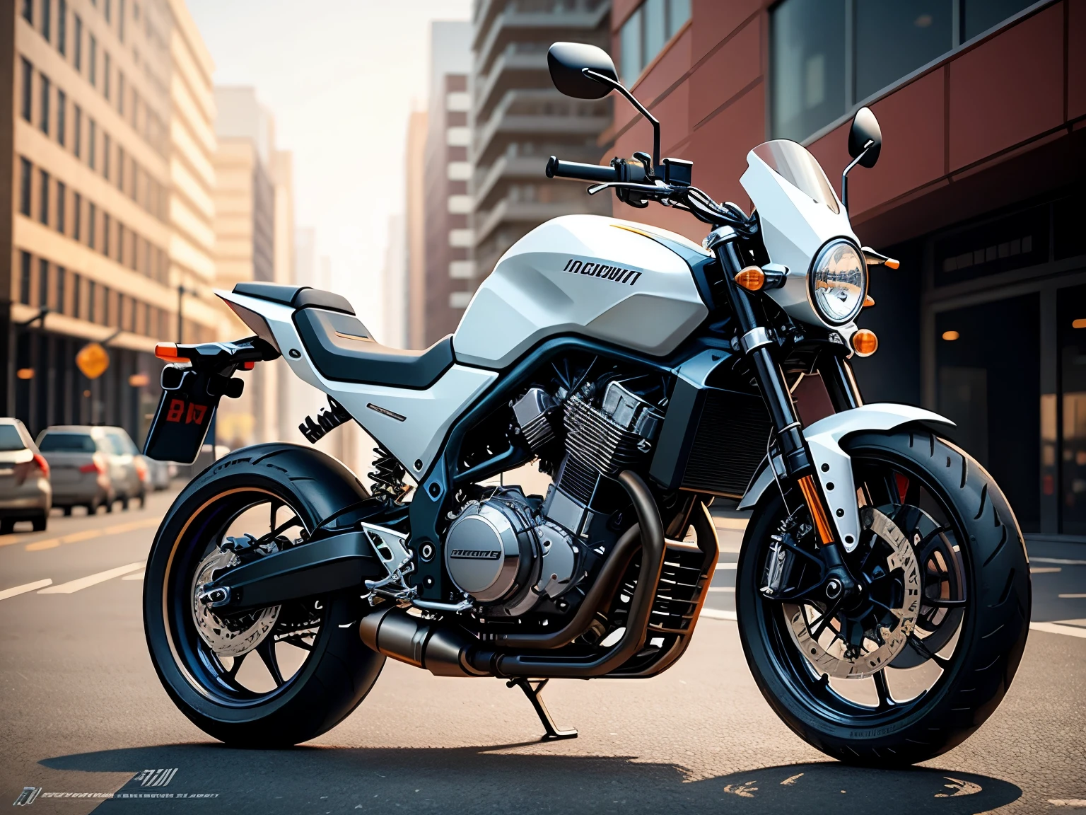 concept motorcycle, best quality, product design, front three-quarter view, concept design, industrial design, best quality, realistic, modern city background
