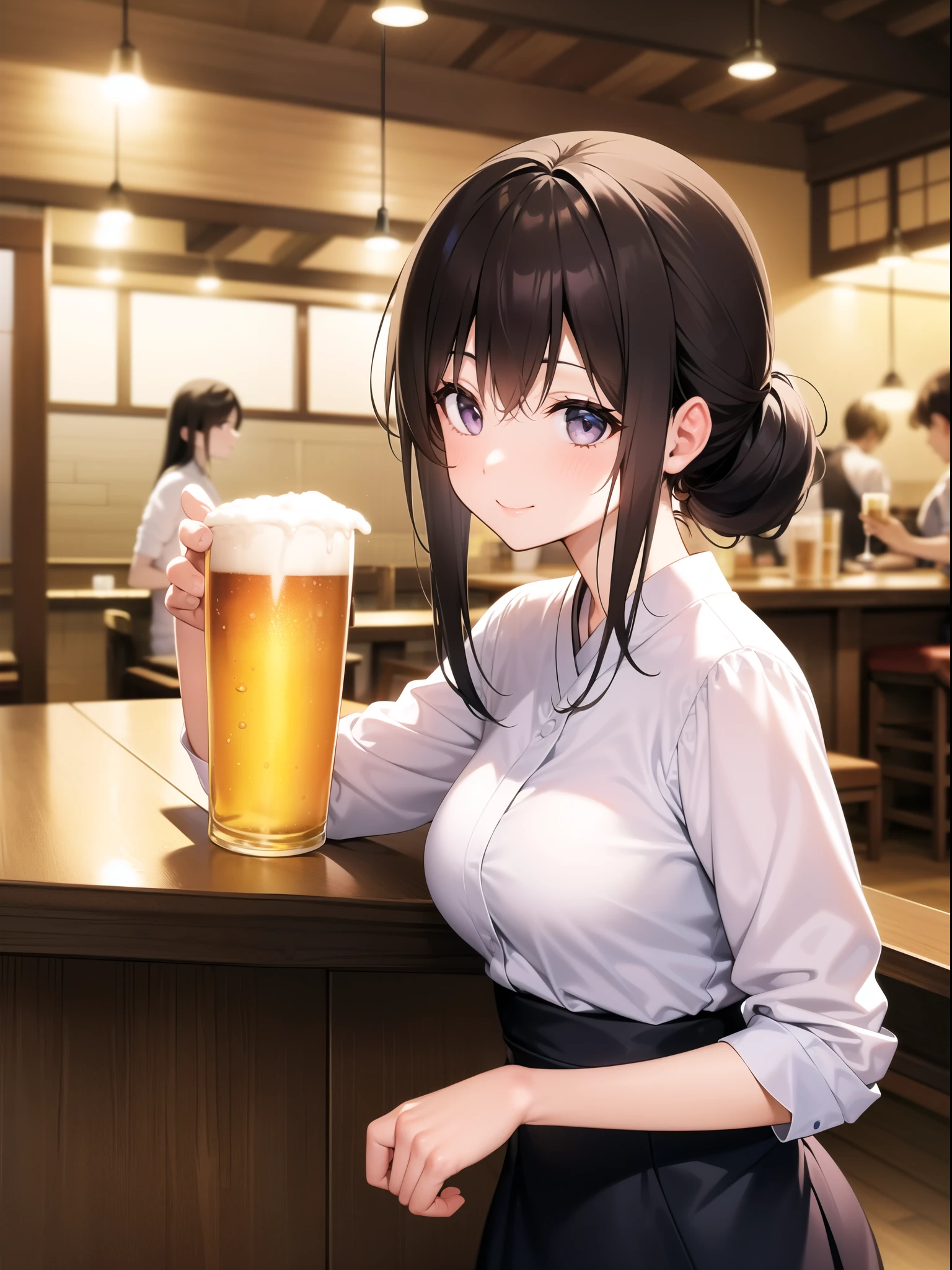 shinkai makoto, kimi no na wa., 1girl, bangs, black hair, brown eyes, open mouth :), blush, twisted half up, red ribbon, long hair, long sleeve light yellow cardigan, open shirt, white shirt, cleavage, breast, medium breast, blue pants, drinking party,nomikai, people in background, table, food drinks, beer, indoors, masterpiece, perfect anatomy, cowboyshot, 1boy POV viewer, holding girl's hand