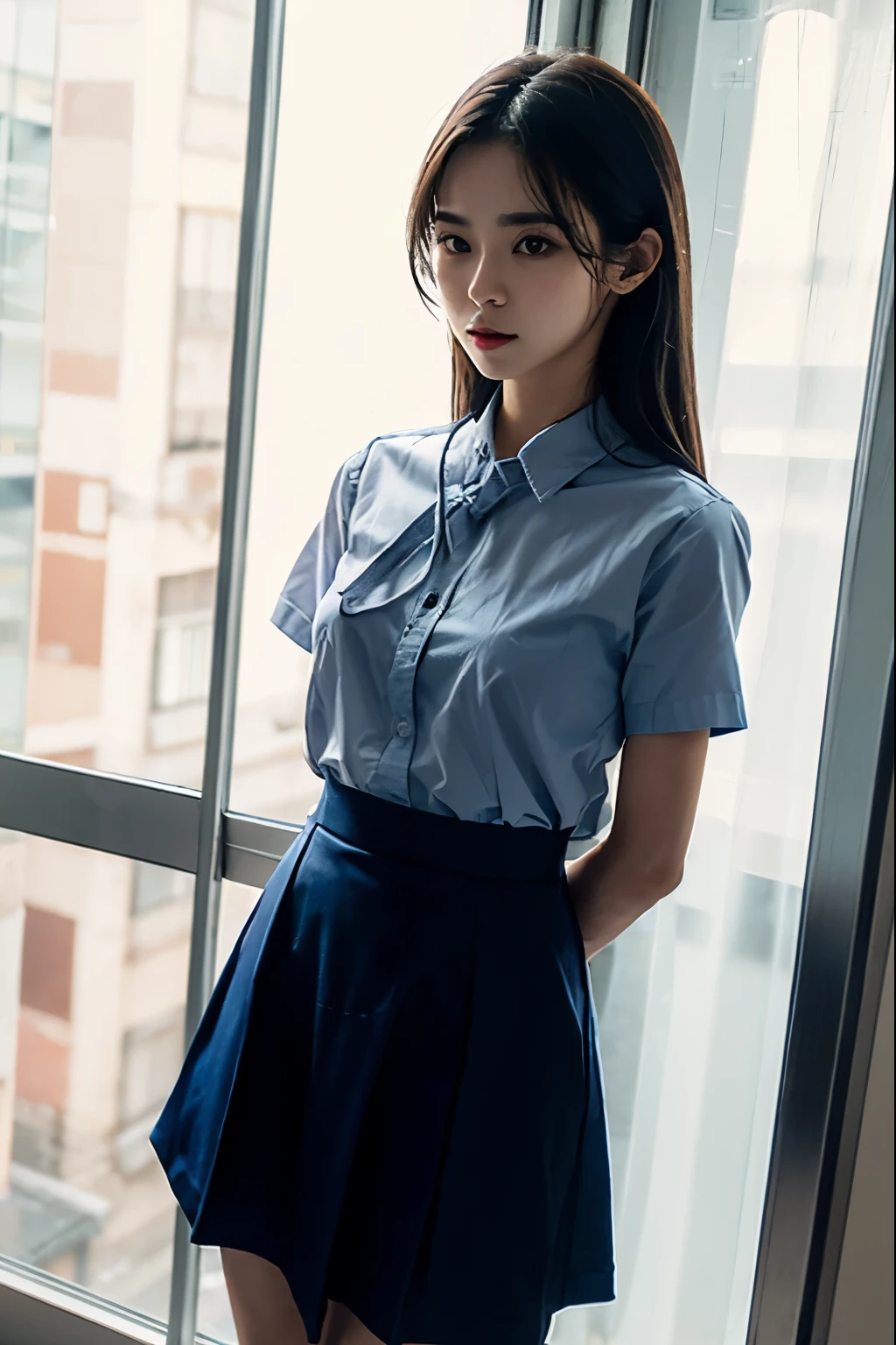 A cute girl is confined and tied up、A room with the lights on at night、Blue Skirt、Red short sleeve shirt、Are standing、Whole body、Beauty、Age 25、Medium build、Outside the window is night、