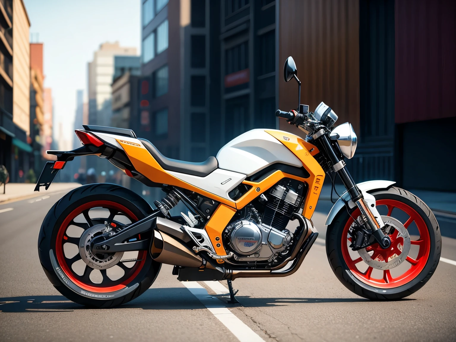 concept motorcycle, best quality, product design, front three-quarter view, concept design, industrial design, best quality, realistic, modern city background