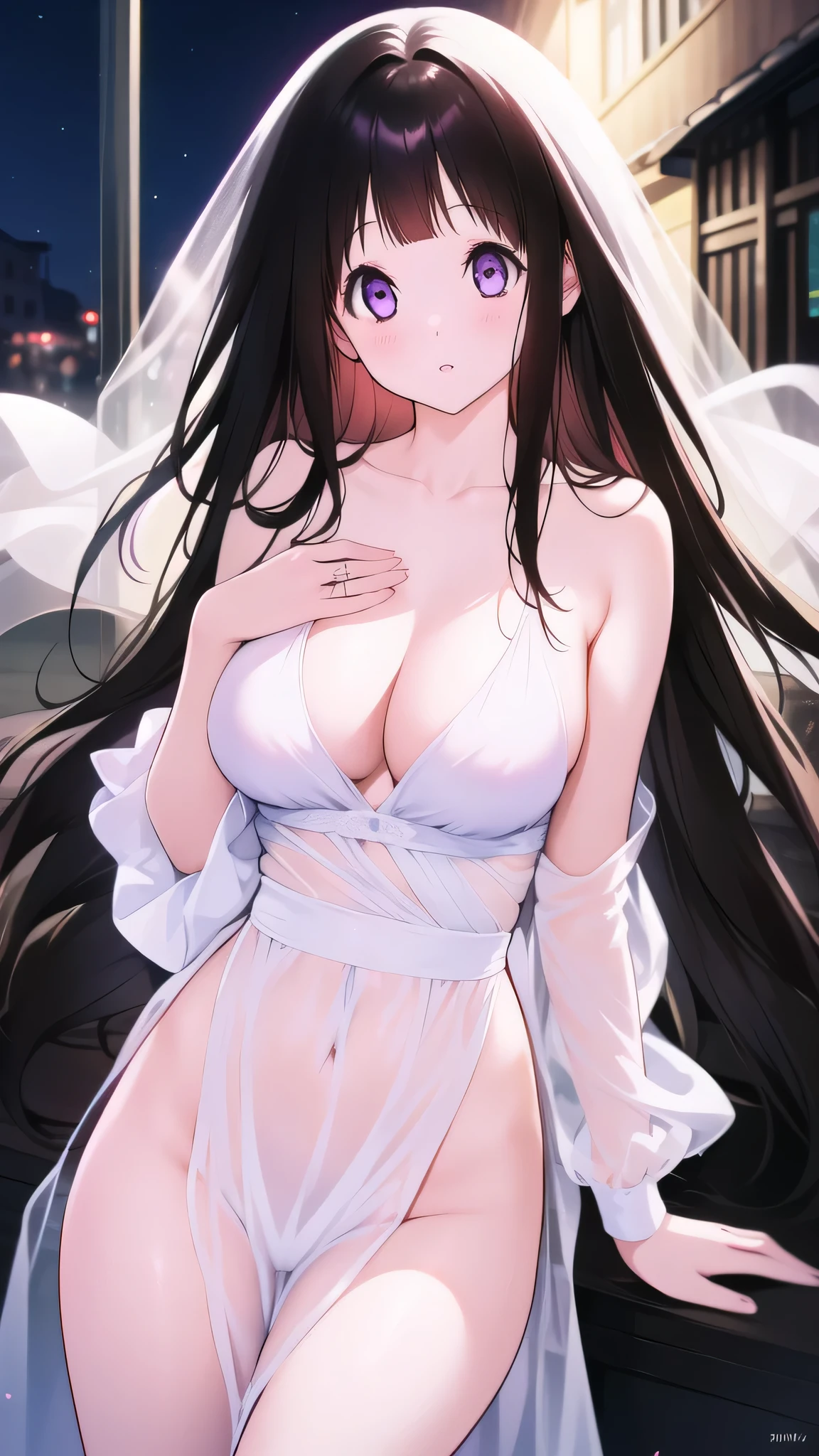 Amazing Chitanda, There is only one beautiful girl,Purple Eyes, Black Hair, Very red face,Very white skin,Glowing skin,Skin as delicate as porcelain,Naturally straight hair, Straight bangs,Extremely refined,Open lips,Long flowing hair,Beautiful Girl, Like a dream,Slim,Slim waist,Soft, (Sensual), (Kawaii), Dream quality,Beautiful big breasts,Half of the areola is exposed,Completely naked,Wearing a wedding dress,Deep V neckline,Loose neckline,Wide neckline,on the street,night,no pants,Bare shoulders,Bare neck,Exposed collarbone,Exposing breasts,Exposing breasts side,Show your waist,Show your buttocks,Show your thighs,Exposing the groin,No pants,extremely shy,Ultra-high resolution, (masterpiece:1.2, best quality), (Delicate and beautiful eyes: 1.2), (Beautiful and delicate face)