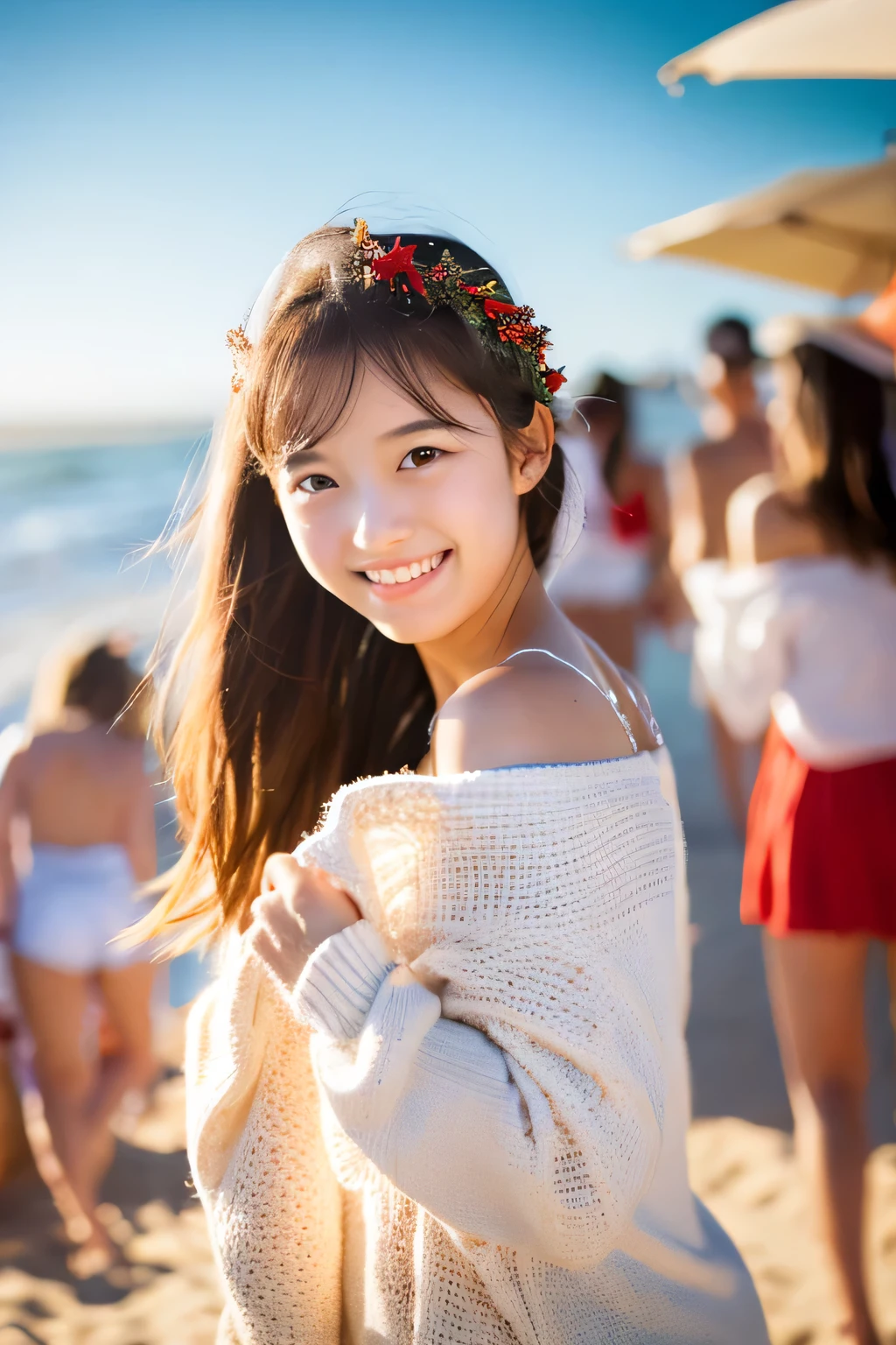 Summer Christmas, college girls, the beach, Light, airy clothes, catchlight, Bokeh in the background, smile, highres, best quality, high details, textured skin