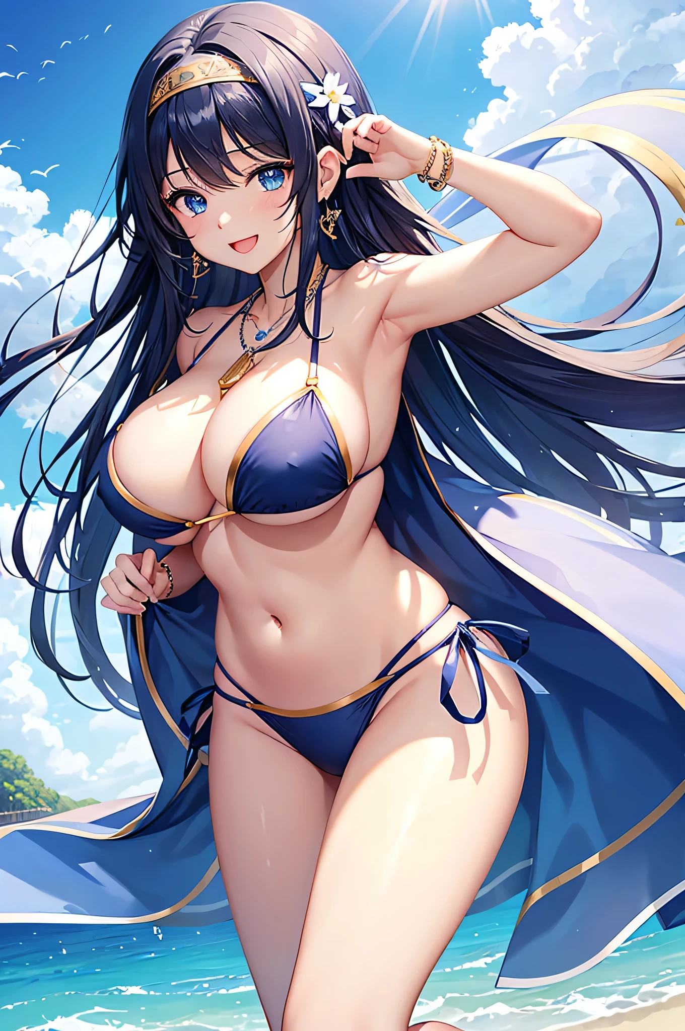 highest quality、highest quality、masterpiece、beautiful girl、Navy blue long hair、blue eyes、Navy Blue Bikini、Big cleavage、(Big Breasts),smile、blue necklace、Blue Earrings、background(Beach)、Dynamic pose、Please open your mouth wide、White headband、bracelet、Dynamic Angle