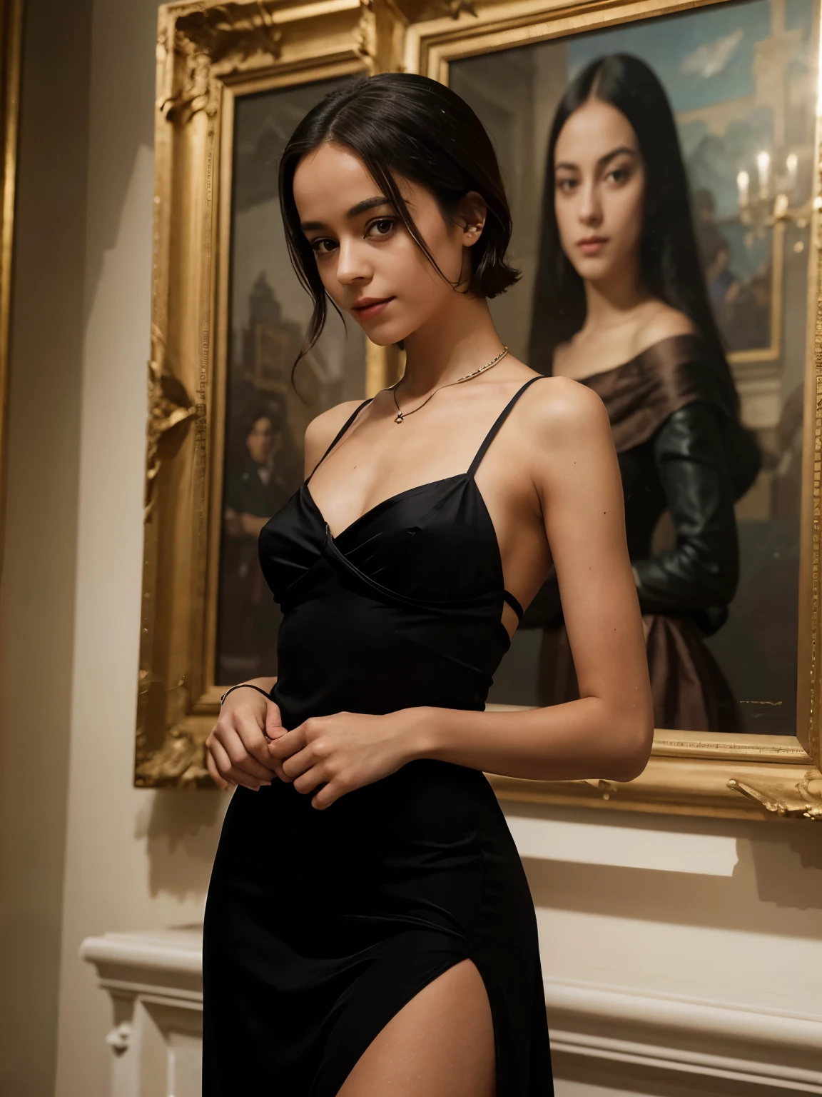 Alizee Jacotey, slim -yeld teger, small breasts (small bust: 1.2), slim build, narrow hips, skinny legs, short black pageboy hair, photo quality, eye shadow and lipstick, portrait pose, poses for photos in the French Louvre museum (museum of art and pictures: 1.2), she is wearing a long, elegant black evening dress, her lips are parted, it is evening, she is looking around, looking to the side, standing sideways. The whole silhouette is visible.