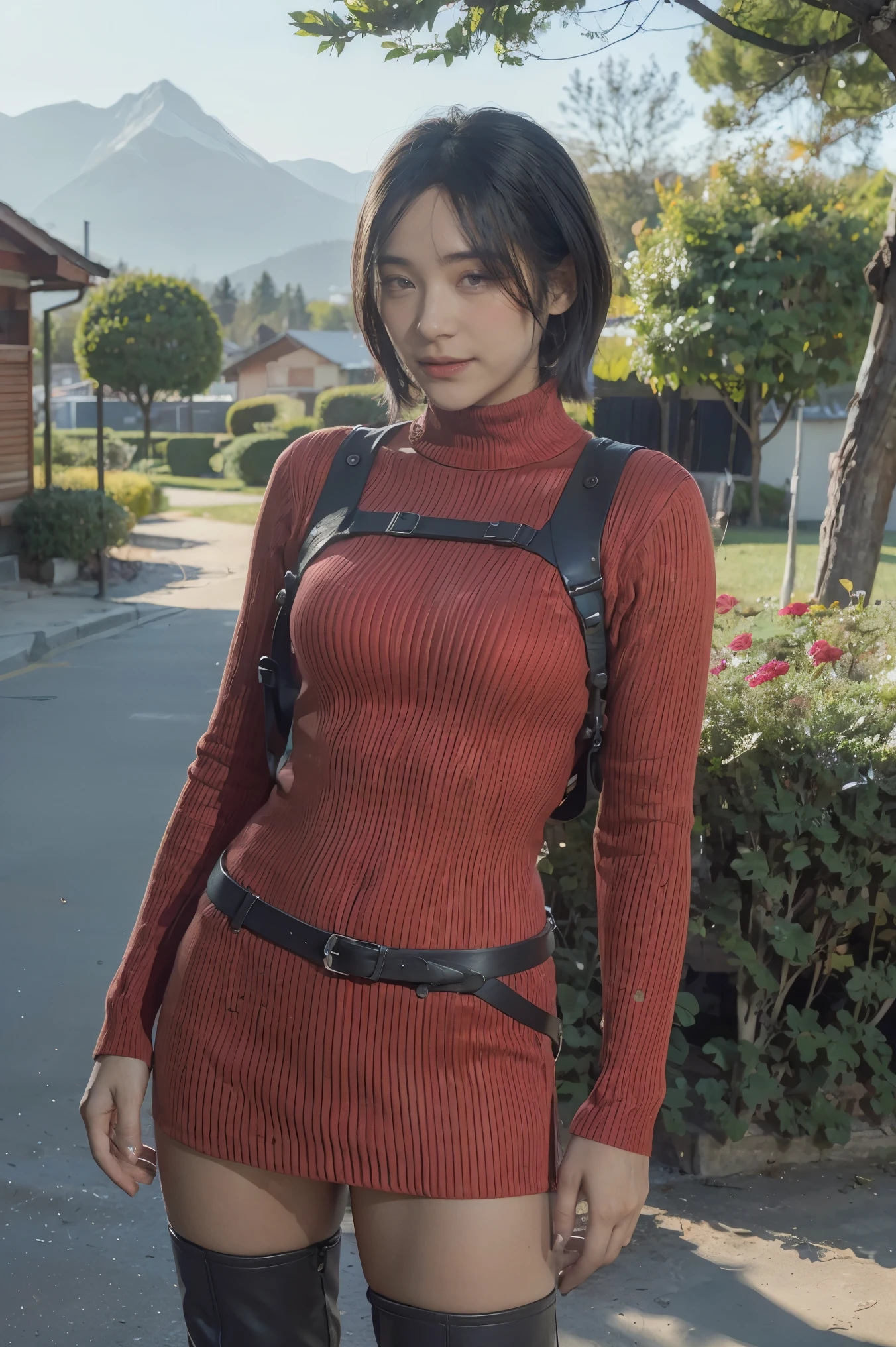 Ada_re4, (standing:1.4),(beautiful face:1.5), 1girl,black hair, short hair, red sweater, belt, black thigh boots,  ((upper body)),(realistic:1.7),((best quality)),absurdres,(ultra high res),(photorealistic:1.6),photorealistic,octane render,(hyperrealistic:1.2), (photorealistic face:1.2), (8k), (4k), (Masterpiece),(realistic skin texture), (illustration, cinematic lighting,wallpaper),( beautiful eyes:1.2),((((perfect face)))),(cute),(standing),((looking at viewer)),(dynamic pose:1.3), outdoors, houses, flowers paths, mountains, lake, dock,