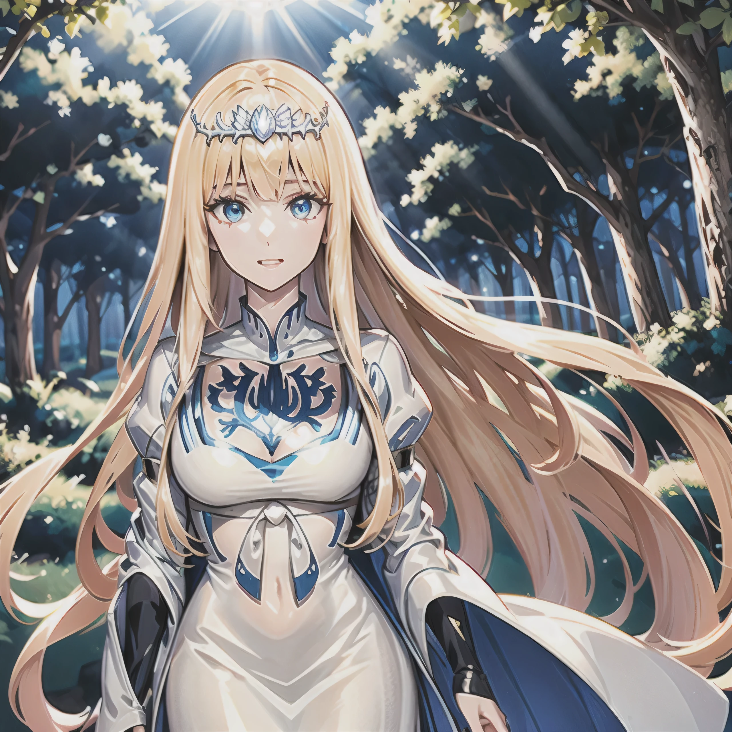 （masterpiece，best qualtiy：1.2），（looking at viewert），Nice face，cowboy lens，rays of sunshine， ，In the forest 1girl, solo,  Calca, Calca Bessarez, blonde hair, extremely long hair, very long hair, white tiara, silver tiara, white dress, blue eyes, medium chest, long straight hair