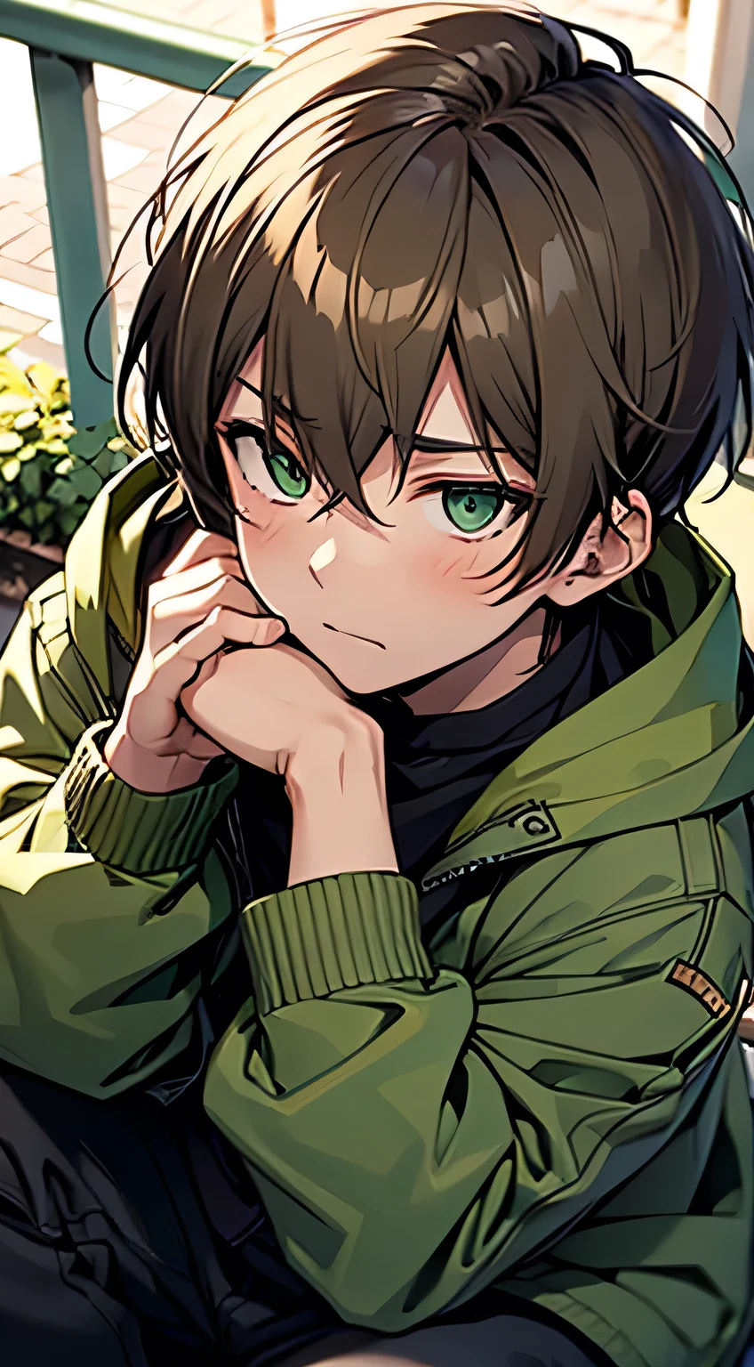 ((Satoshi)) brown short hair, guy, street, green jacket, blush, sitting at park, close up, top view, green eyes