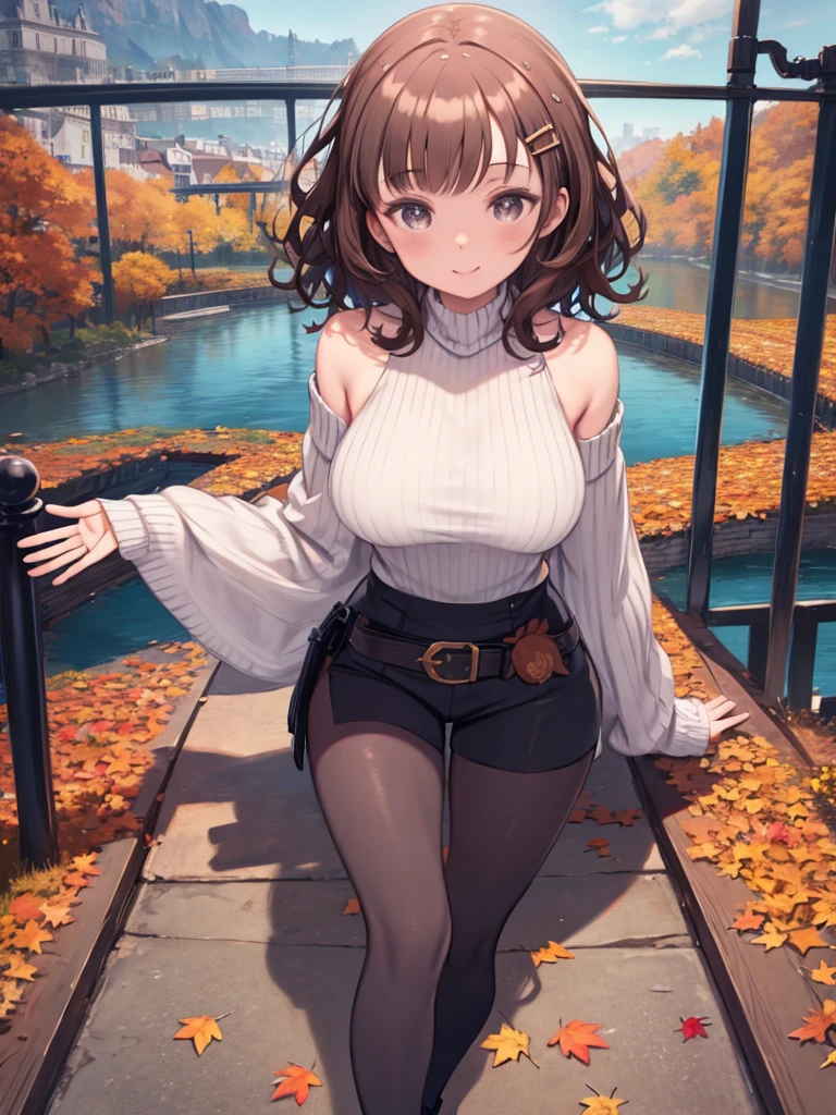 Anime girl in a white blouse and black shorts posing on a bridge、masterpiece,highest quality,Super detailed,8k,expensive,Big women,Huge breasts,young,20-year-old,Medium Hair,Wavy Hair,Brown Hair,Hair Clip,Happy,smile,Brown sweater,Ribbed sweater,Exposing shoulders,Removable sleeves,Belt Buckle,black tights,boots,Strapless,fallen leaves,garden,autumn leaves,Outdoor,