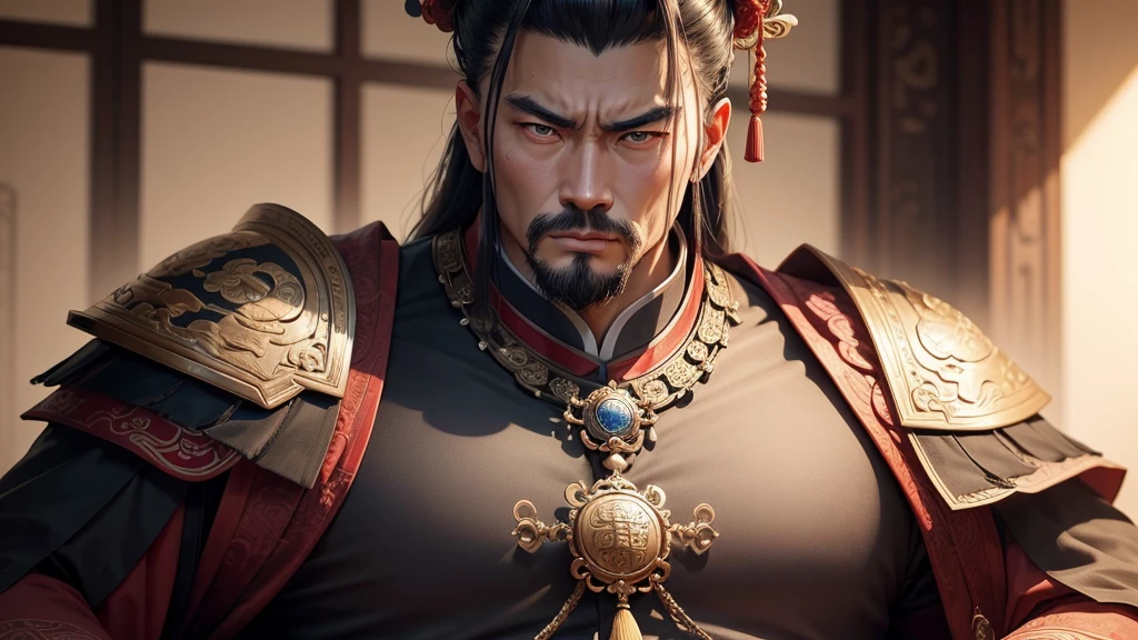a close-up of a man, emperor of china, 44 years old, intimidating face, imposing posture, inspired by Wu Daozi, inspired by Gu An, inspired by Xuande Emperor, of three kingdoms, inspired by Dong Yuan, three Chinese kingdoms, inspired by Cao Zhibai, inspired by Hu Zaobin, inspired by Guan Daosheng, inspired by Zhang Wo