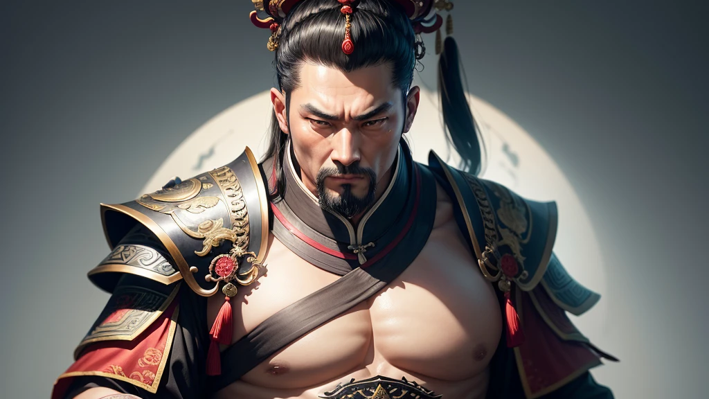 a close-up of a man, emperor of china, 44 years old, intimidating face, imposing posture, inspired by Wu Daozi, inspired by Gu An, inspired by Xuande Emperor, of three kingdoms, inspired by Dong Yuan, three Chinese kingdoms, inspired by Cao Zhibai, inspired by Hu Zaobin, inspired by Guan Daosheng, inspired by Zhang Wo