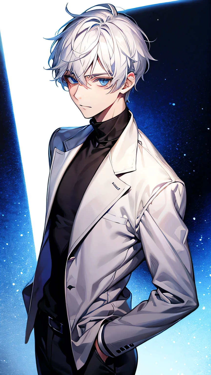 Blue eyes, white hair, male, teenager, short hair, handsome, mysterious, cool, turtleneck