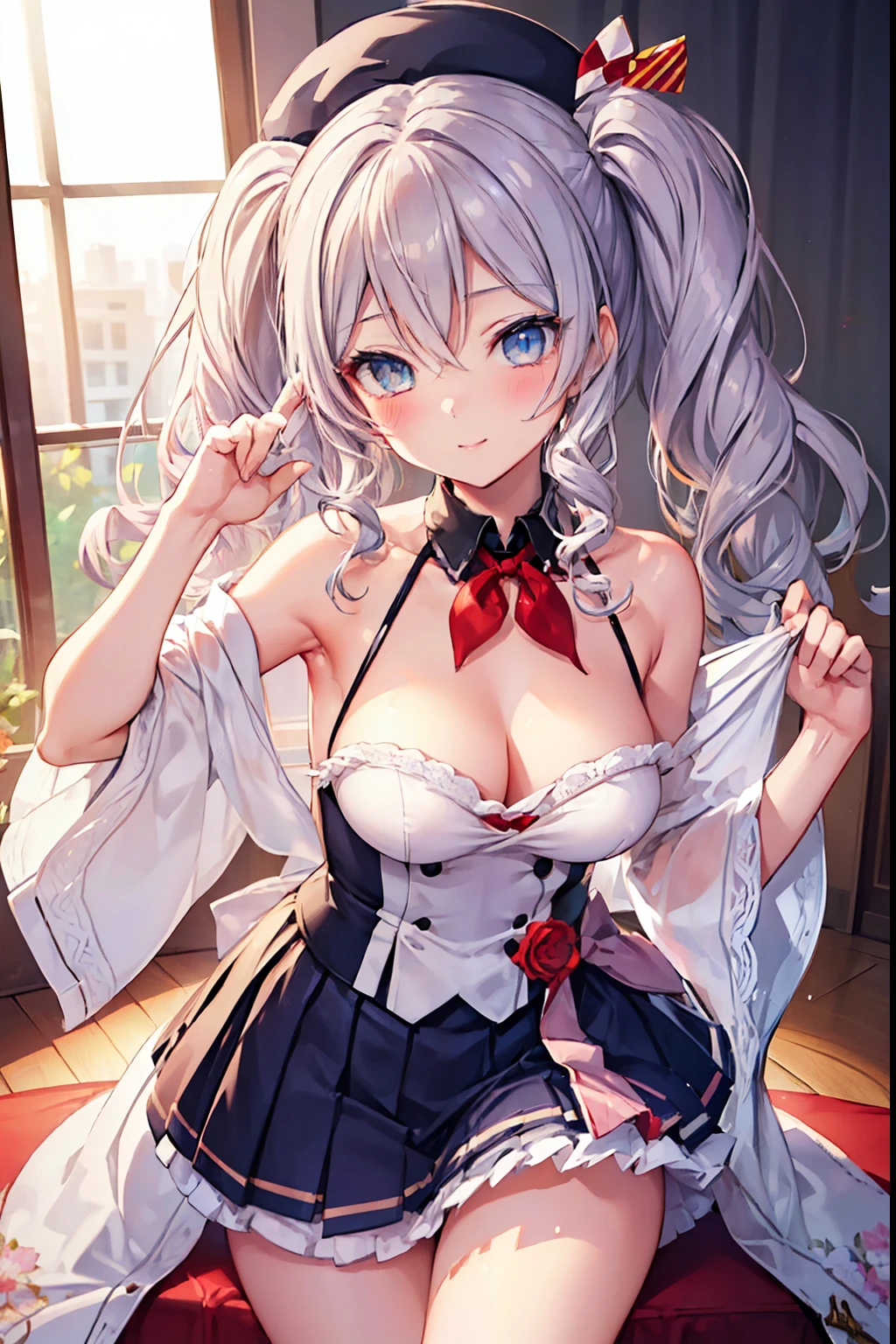 Kashima、blush,smile、Silver Hair、Primary school students、The back is very small、ta、Small breasts、Please show me your armpits、exterior: 14 yulder Bare、The clavicle is visible、Sexy thighs、Beautiful legs、Usual hairstyle、highest quality, High resolution, unity 8k wallpaper, (shape:0.8), (Beautiful and beautiful eyes:1.6), Highly detailed face, Perfect lighting, Highly detailed CG, (Perfect hands, Perfect Anatomy),