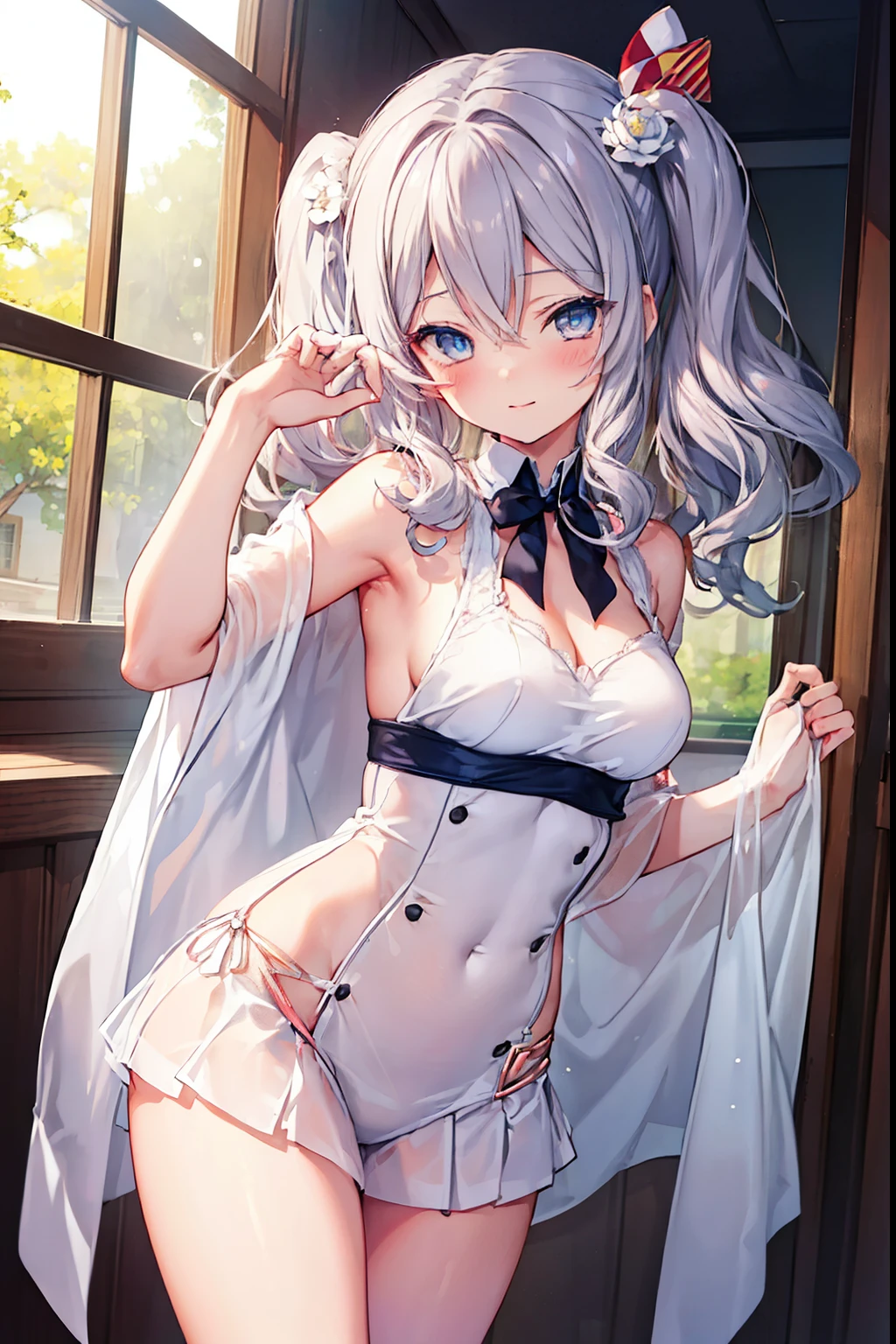 Kashima、blush,smile、Silver Hair、Primary school students、The back is very small、****ta、Small breasts、Please show me your armpits、exterior: ************、Shoulder Bare、The clavicle is visible、Sexy thighs、Beautiful legs、Usual hairstyle、highest quality, High resolution, unity 8k wallpaper, (shape:0.8), (Beautiful and beautiful eyes:1.6), Highly detailed face, Perfect lighting, Highly detailed CG, (Perfect hands, Perfect Anatomy),