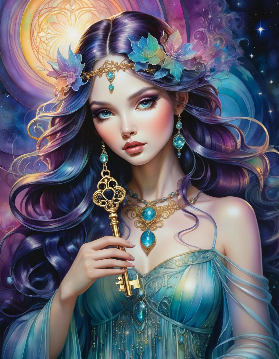 An awe-inspiring watercolor and ink masterpiece inspiring by Jasmine Becket-Griffith featuring an enchanting, ethereal and pretty woman emanating celestial energy and holding a glowing ancient key in her hand and captivatingly gazing directly at the viewer. Long straight hair frames her face. Extraordinarily well detailed, mysterious, serene and caring face full of compassion. The artwork is alive with pastel hues, rainbow colors, and a double exposure effect, creating a mesmerizing interplay of light and shadow. A soft glow and a mysterious aura around the subject. Drawing inspiration from the styles Artgerm, this piece showcases delicate brushstrokes, vivid light effects, and an intricate interplay of dark fantasy elements. The HDR 8K, SSAO, and high-definition rendering enhance the vibrant colors and artistic details, making this illustration truly out of this world, fashionable, and immersive. Golden ratio in the proportions.