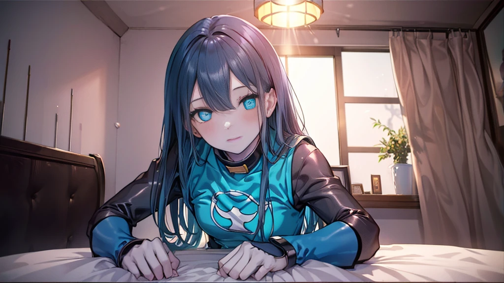 highest quality,Lie on your back in bed,Bow-legged,Show me your boots,Thigh-high boots,leotardチラ見せ,Gloves,elegant, 1 girl, leotard,Bodysuits,cute, Blushed, Looking at the audience, From below, prison,blue eyes, Beautiful Eyes, Beautiful background, Particles of light, Light of the sun, Dramatic lighting, outside, Shiny, Realistic, Tabletop, highest quality, Very detailed, Get used to it, scenery, Beautiful and detailed, Thin Hair,Full Body Shot,