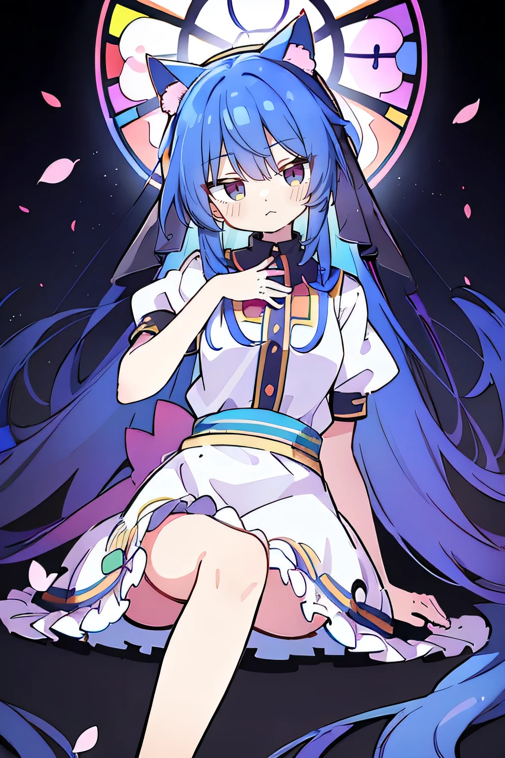 (masterpiece:1.2),Extremely detailed,Practical,expressive eyes,Fair skin,Perfect face shaping,1 Girl,
Japanese cartoons,Gorgeous blue hair, the long flowing blue hair,Floating clothes,Cat ears,Petals fall,beautiful lola,Young Angel,
Place your hands on your waist,sit elegantly on the ground,Cross your legs,Gentle and peaceful background,church,nun.