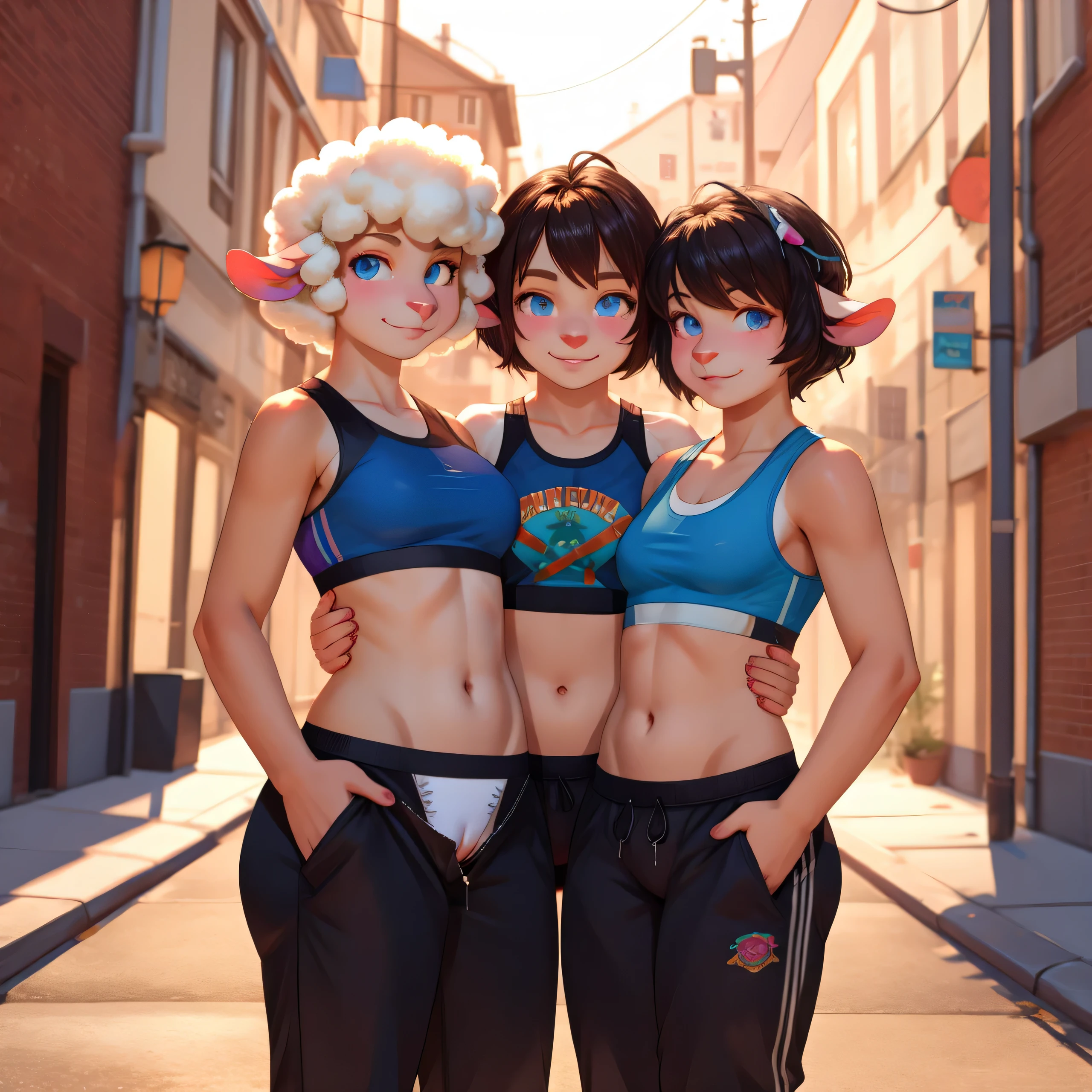 sheep, 2 girls, string panties, sports bra, pants pulled down, smirk, looking at the viewer, on the street, pussy juice, hands on chest