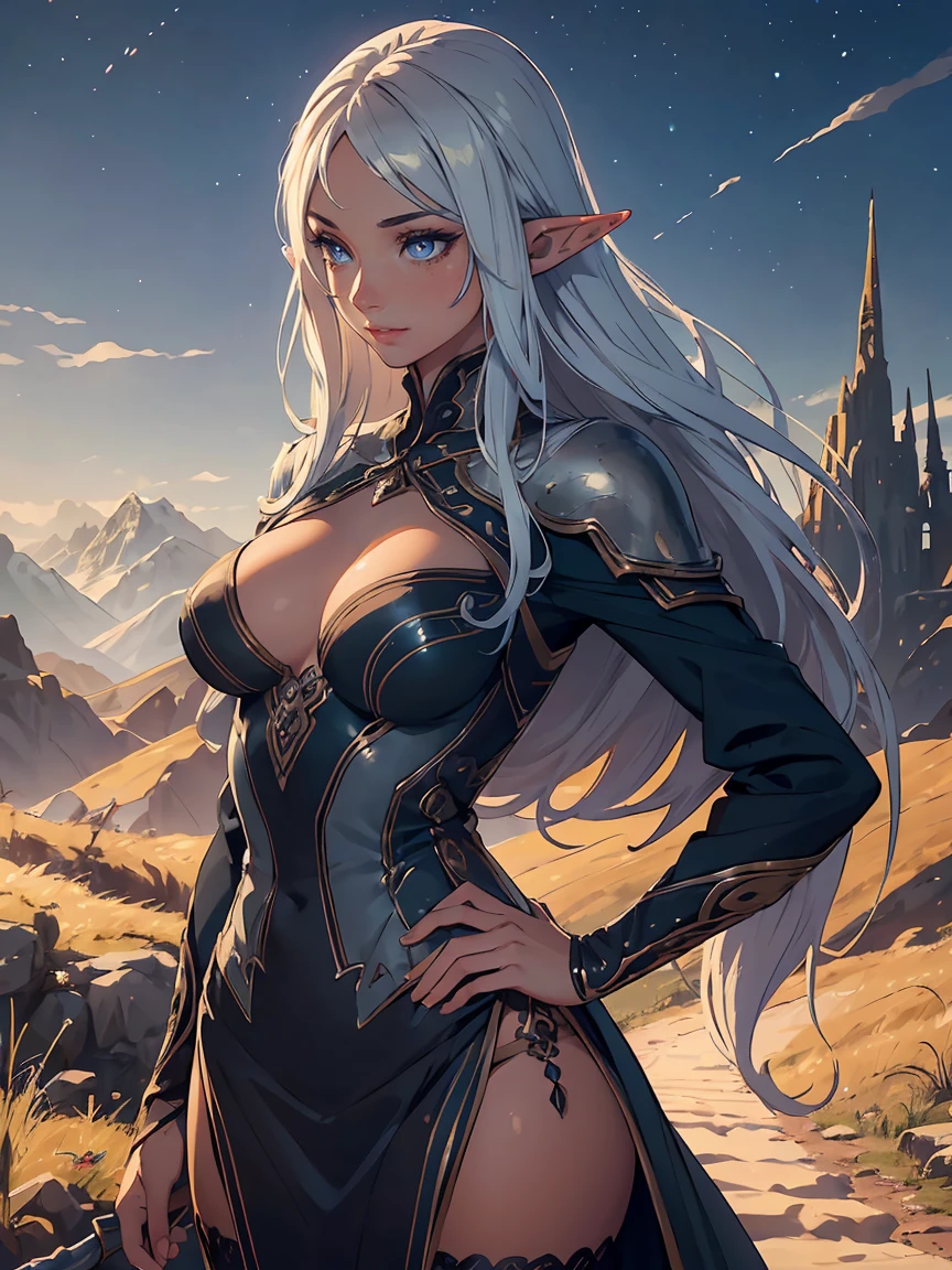 masterpiece, high quality, 1_woman, solo, ((upper body)), ((hand on hip)), standing, (exotic skin_complexion:1.4), mature, cleavage, (looking away from the viewer), (blushing, smiling, closed mouth), tall, beautiful, exotic, with long elf ears, long hair, silver hair, detailed face, having diamond shaped eyes, blue eyes, (dark_eyeliner), long_eyelashes medium_bust, fantasy clothes, elven clothes, chest window, black thigh highs with embroidery, dynamic lighting casts detailed shadows, mountains in distance, walking path, grassy field, night sky, stars, 