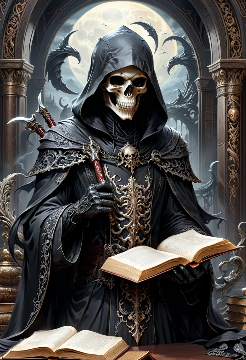 HighestQuali，tmasterpiece，The necromancer of Alafeld reads a book in a dark room, dark but detailed digital art, Book of the Dead, horror fantasy art, detailed 4k horror artwork, Horror stories, dark fantasy horror art, Crypt legends, fantasy horror art, Read an evil devil's book, highly detailed dark art, portrait of the old necromancer