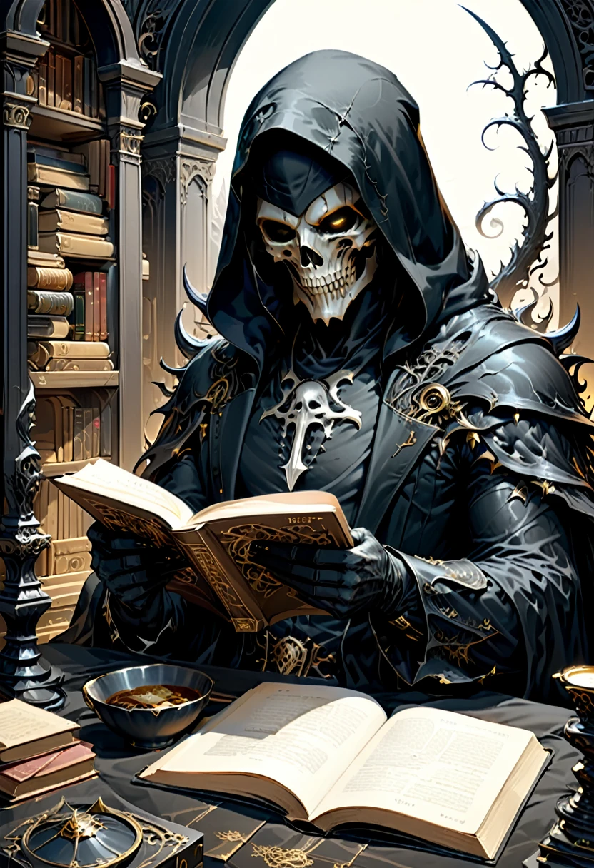 Black Grim Reaper, reading, (masterpiece, best quality, Professional, perfect composition, very aesthetic, absurdres, ultra-detailed, intricate details:1.3)