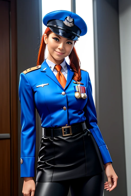 One Air Force officer in Alafe's uniform、Big breasts about to burst、thin and long legs,、Redhead blue eyes、Pony tail、Fitness Model、musculature、abdominals、Metallic Orange Jacket、Metallic Black Tight Skirt、Metallic White Shirt、breasts pocket、hatting、a belt、neck tie、Five-fingered、glistning skin、Cool smile、Pose ready to fight