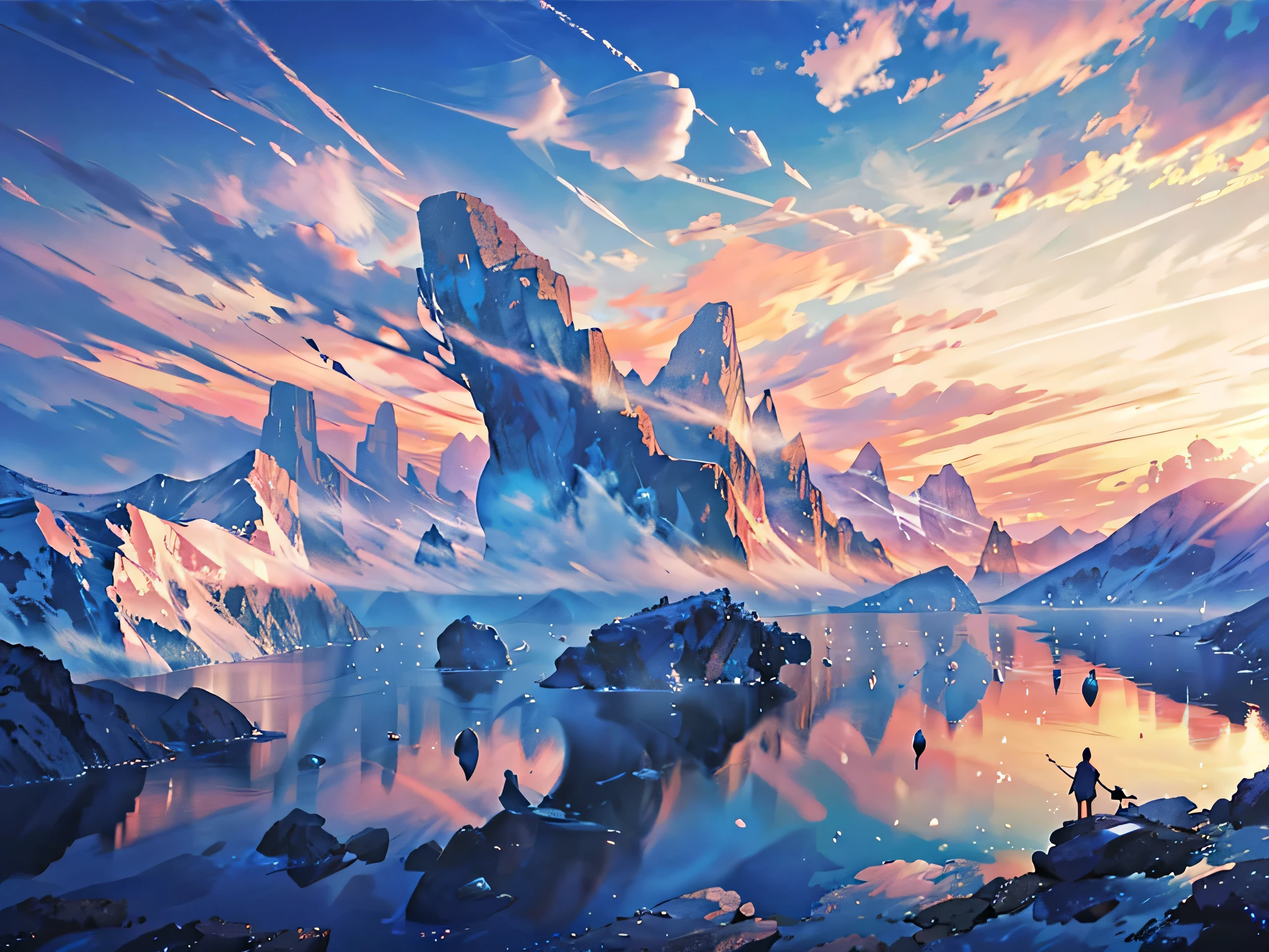 ancient chinese landscape, Mountain々, Rivers, Auspicious clouds, sunlight, masterpiece, Super detailed, A magnificent composition, Ultra HD, high quality, Very detailed, Official Art, Unified 8k wallpaper, Super detailed, 32k -- v6