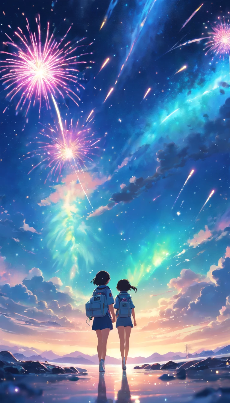 (best quality,8k,highres,masterpiece:1.2), Glitter Splash, girl astronaut, mesmerizing starry sky, brilliant aerial fireworks, breathtaking views, Northern Lights, Milky Way, festival-like atmosphere, fisheye lens effect