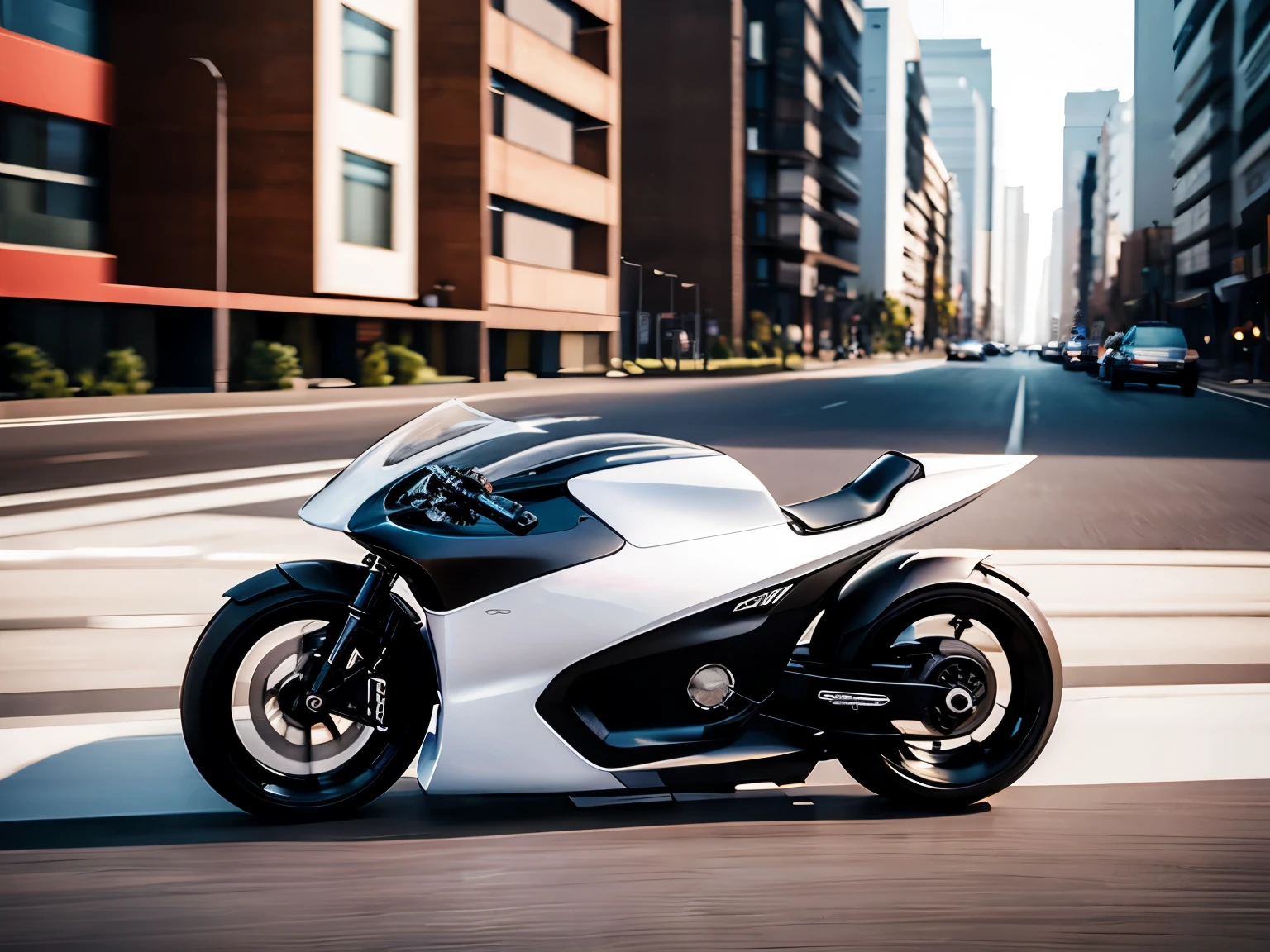 concept motorcycle, best quality, product design, front three-quarter view, concept design, industrial design, best quality, realistic, modern city background