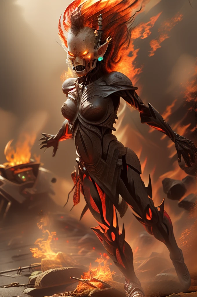 (biomechanical, mechanical, fire elemental, glowing embers:1.2), full body photo, photorealistic, highres, 1girl, burning, flame, embers, masterpiece, perfect lighting, bloom, adult, modest breasts, (eliselastnamesd15, smile:1), full lips, (detailed face:1.1), looking a viewer, (rseemma:1.1), crazy face aeldari, pointy ears , jain zar , howling banshee
