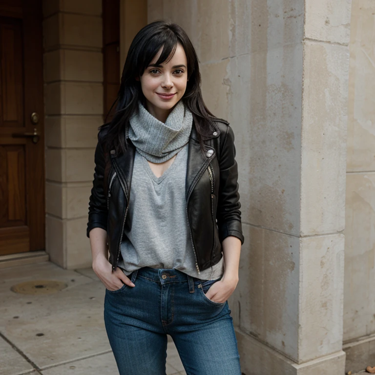 Krysten Ritter dressed in a leather jacket and jeans wearing a scarf and smiling