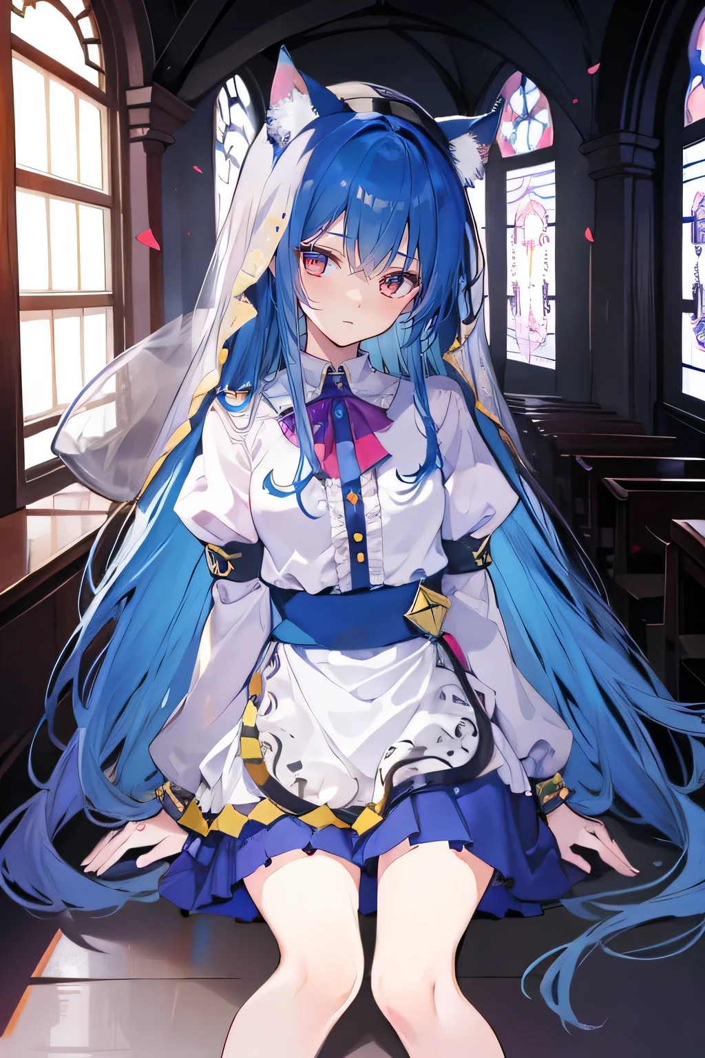 (masterpiece:1.2),Extremely detailed,Practical,expressive eyes,Fair skin,Perfect face shaping,1 Girl,
Japanese cartoons,Gorgeous blue hair, the long flowing blue hair,Floating clothes,Cat ears,Petals fall,beautiful lola,Young Angel,
Place your hands on your waist,sit elegantly on the ground,Cross your legs,Gentle and peaceful background,church,nun,little nose. 