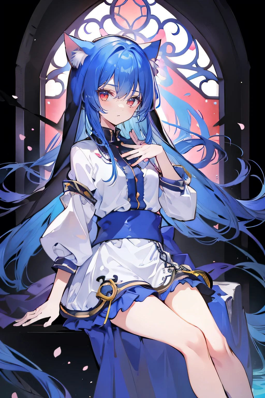 (masterpiece:1.2),Extremely detailed,Practical,expressive eyes,Fair skin,Perfect face shaping,1 Girl,
Japanese cartoons,Gorgeous blue hair, the long flowing blue hair,Floating clothes,Cat ears,Petals fall,beautiful lola,Young Angel,
Place your hands on your waist,sit elegantly on the ground,Cross your legs,Gentle and peaceful background,church,nun,little nose.