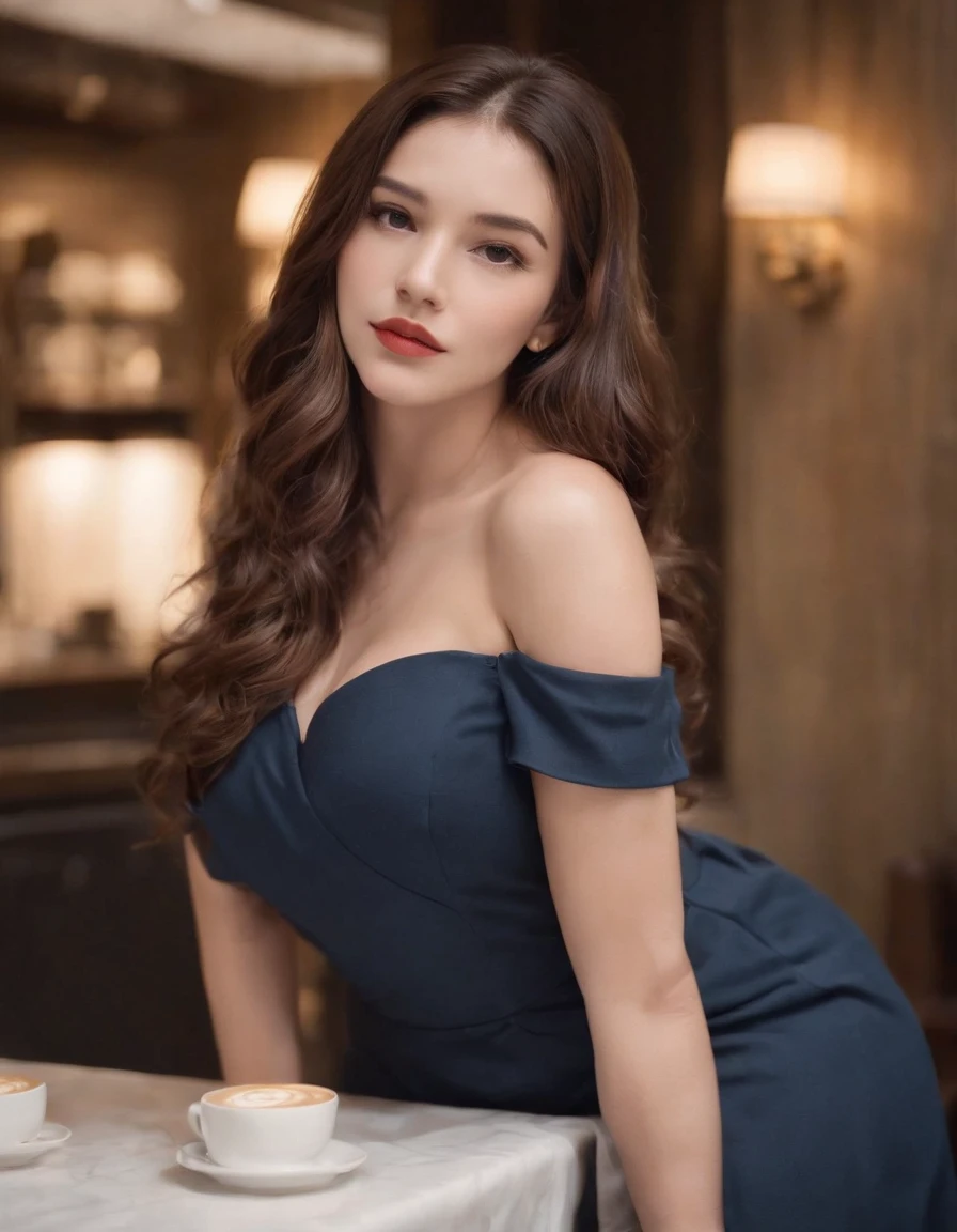 Cool beauty，Looks sweet，(long wavy hairstyle), only wearing dark blue starbucks apron, off-shoulders, show clavage, show big thigh, plump body, huge breast, full body photo, standing pose. Side view. In coffee shop.