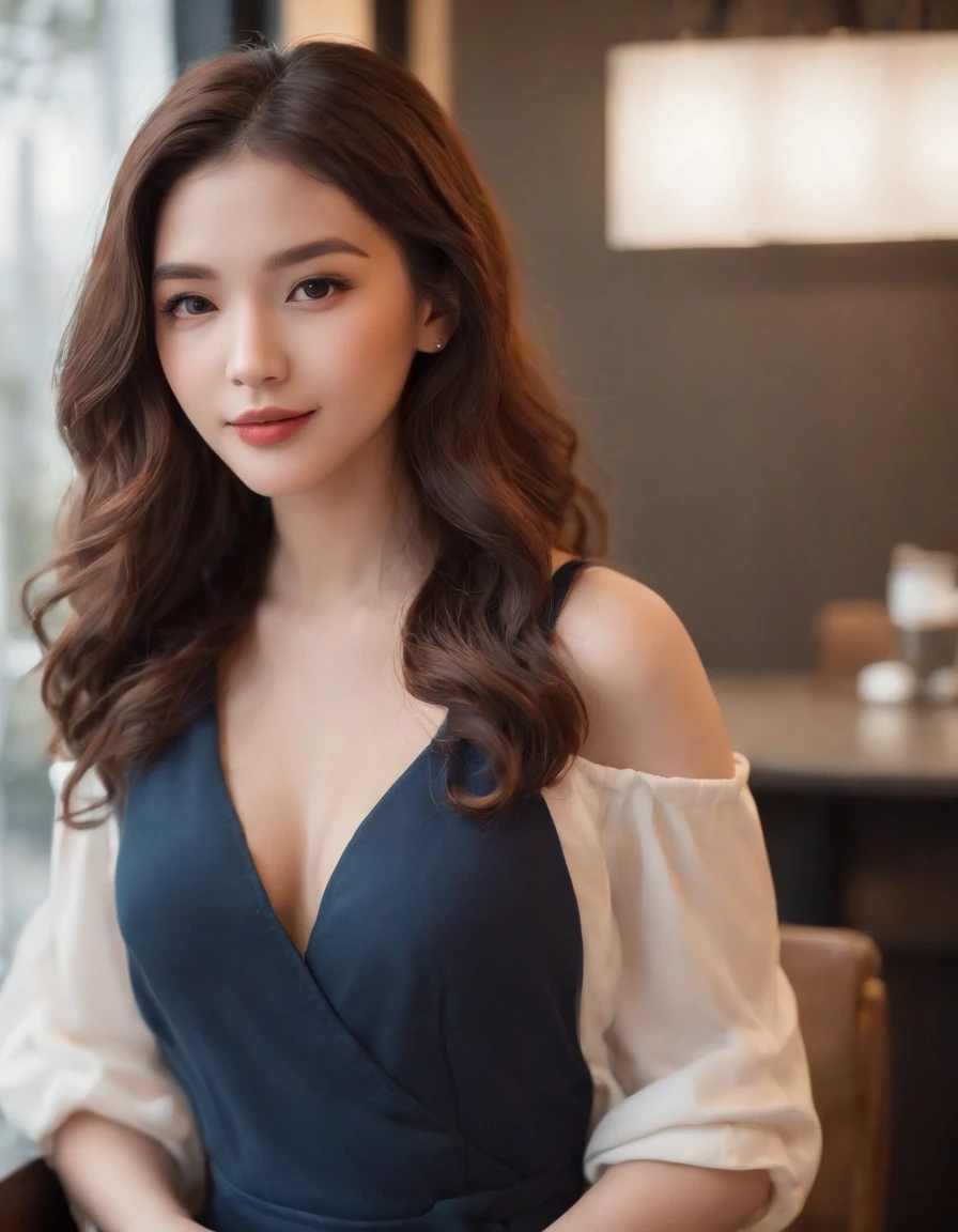 Cool beauty，Looks sweet，(long wavy hairstyle), only wearing dark blue starbucks apron, off-shoulders, show clavage, show big thigh, plump body, huge breast, full body photo, standing pose. Side view. In coffee shop.
