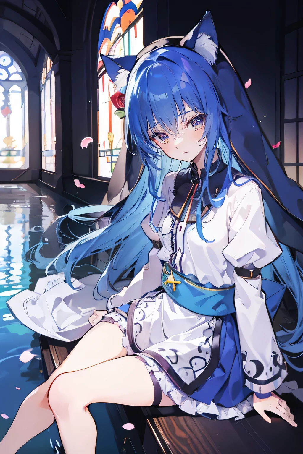 (masterpiece:1.2),Extremely detailed,Practical,expressive eyes,Fair skin,Perfect face shaping,1 Girl,
Japanese cartoons,Gorgeous blue hair, the long flowing blue hair,Floating clothes,Cat ears,Petals fall,beautiful lola,Young Angel,
Place your hands on your waist,sit elegantly on the ground,Cross your legs,Gentle and peaceful background,church,nun,little nose.